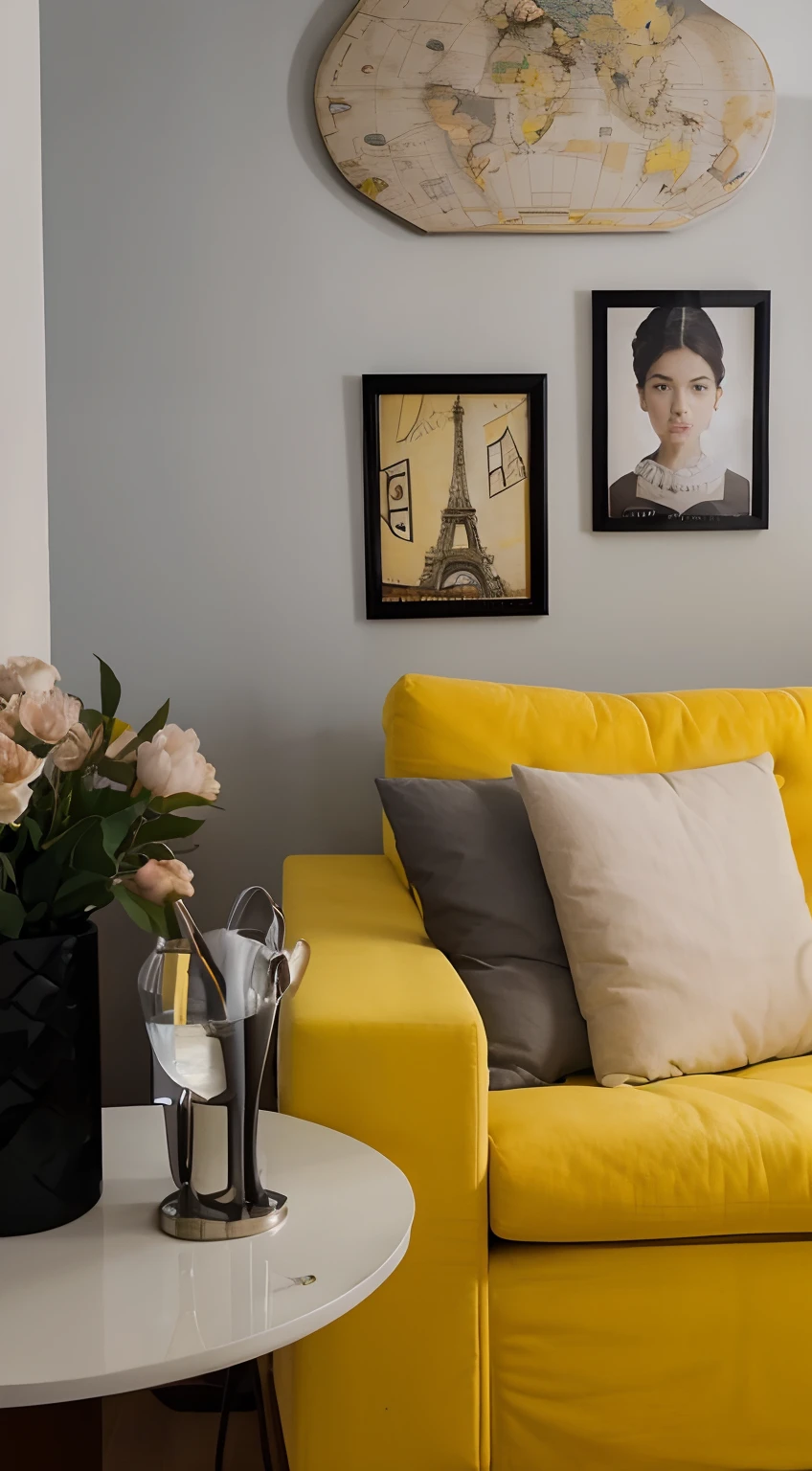 A room with light gray walls and yellow sofa. Com quadros do mapa mundi, de Paris e de uma atriz. Tem flores na mesa lateral. Estilo pixar