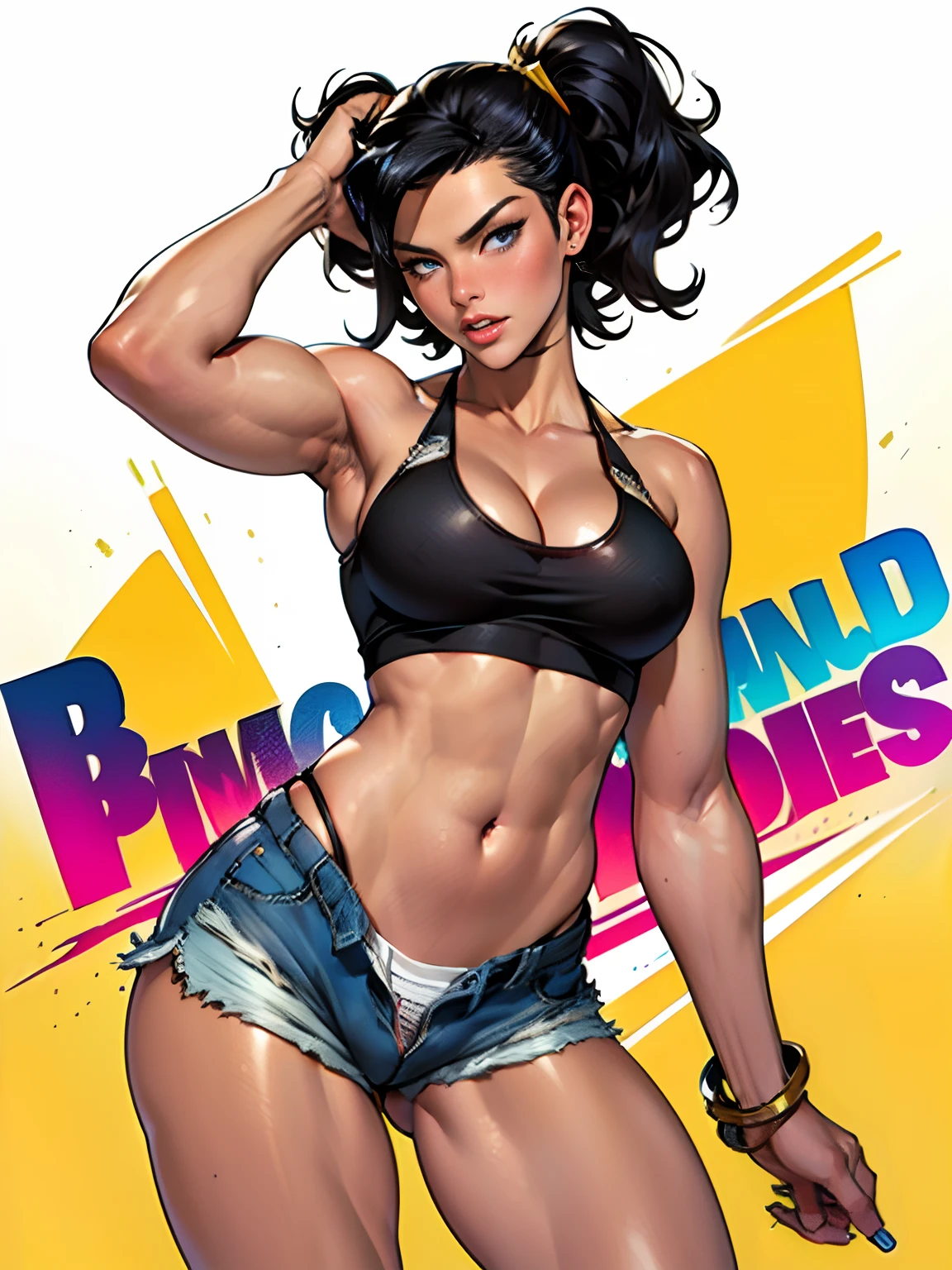 (high quality, best rendering), (beautiful girl), Blue Eyes, black hair(bombshell, pin-up style), psychopath, crazy face, sexy pose, jean short shorts, tank top, pastel, centered, scale to fit dimensions, micro thong, micro bikini, camel toe