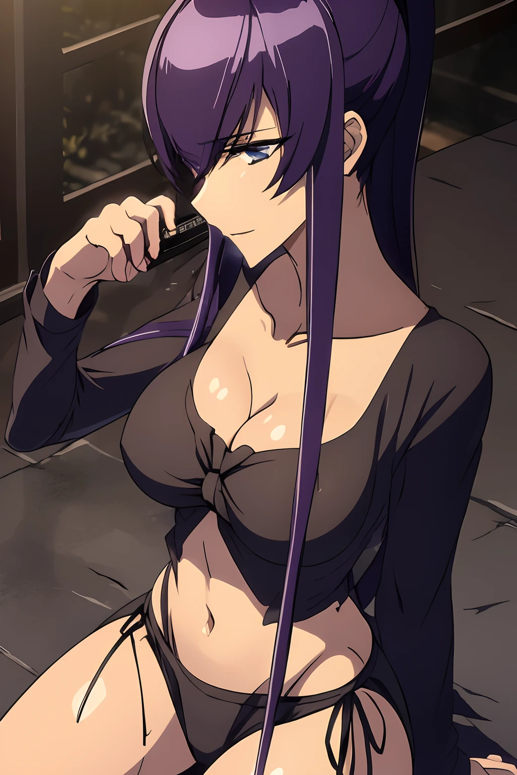 Saeko Busujima, Saeko Busujima cantando, una hermosa mujer sosteniendo un microfono y cantando, mujer cantando, vestimenta negra, ropa negra, blusa negra, camisa negra, con estampado del logo de Linkin Park, pantalon negro, tacones negros de cuero, Linkin Park, fondo azul, sobre un escenario, luces azules