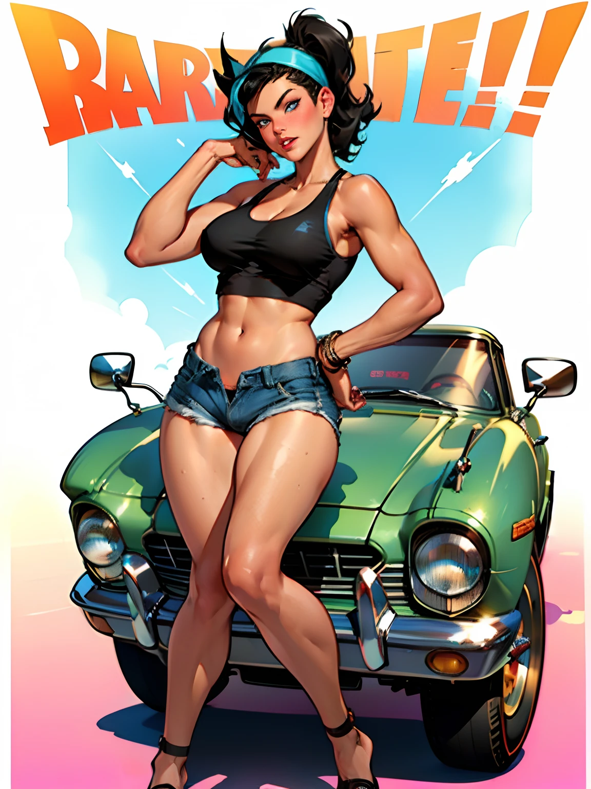 (high quality, best rendering), (beautiful girl), Blue Eyes, black hair(bombshell, pin-up style), psychopath, crazy face, sexy pose, jean short shorts, tank top, pastel, centered, scale to fit dimensions, micro thong, micro bikini, camel toe