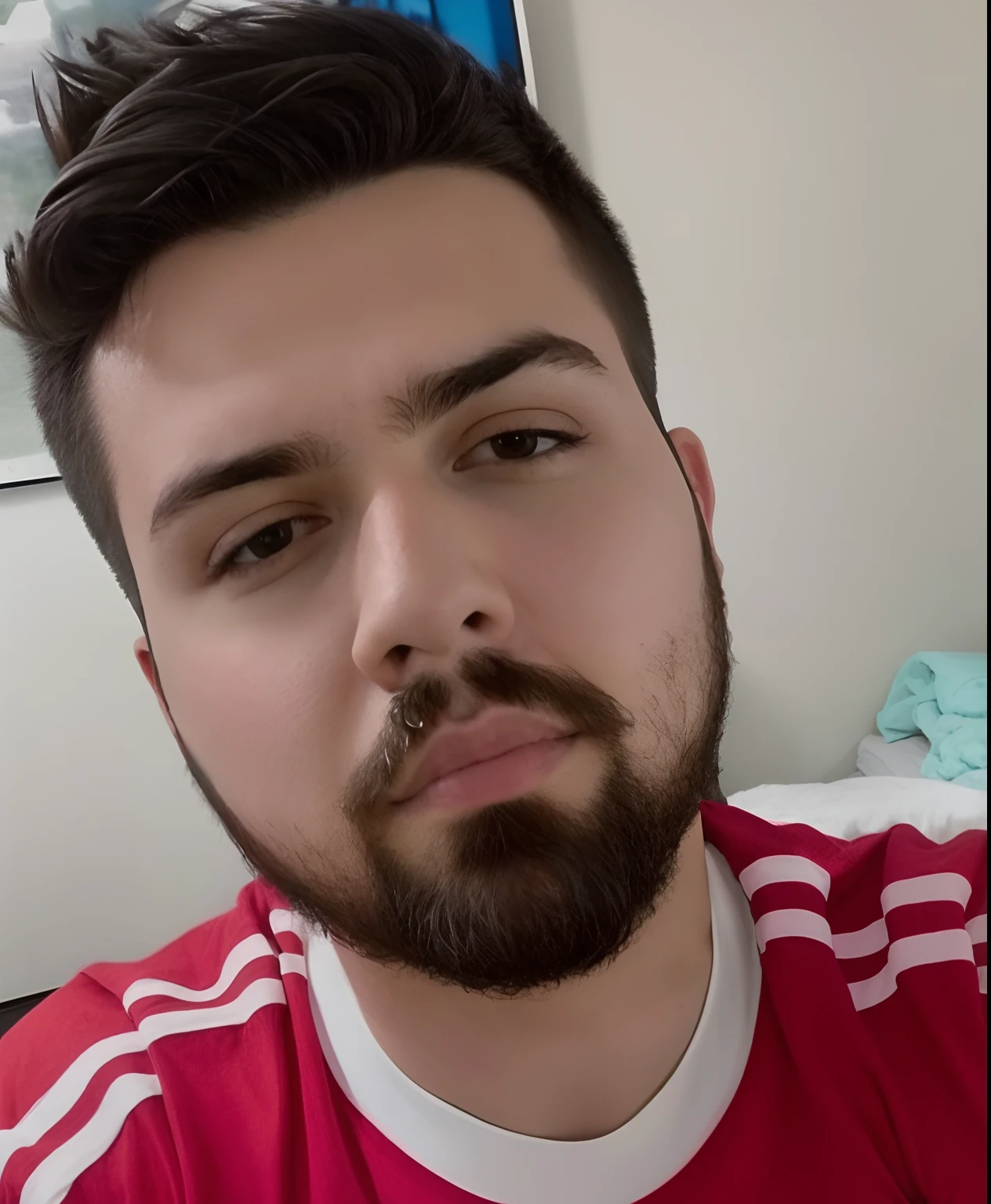 Man with beard and red shirt is taking selfie, Streamer do Twitch / Jogador Ludwig, neckbeard, em torno de 1 9 anos, foto de perfil headshot, 2 3 anos, 2 2 anos, halfbody headshot, 21 anos, barba pequena, foto de perfil 1024px, com uma barba pequena, Streamer do Twitch