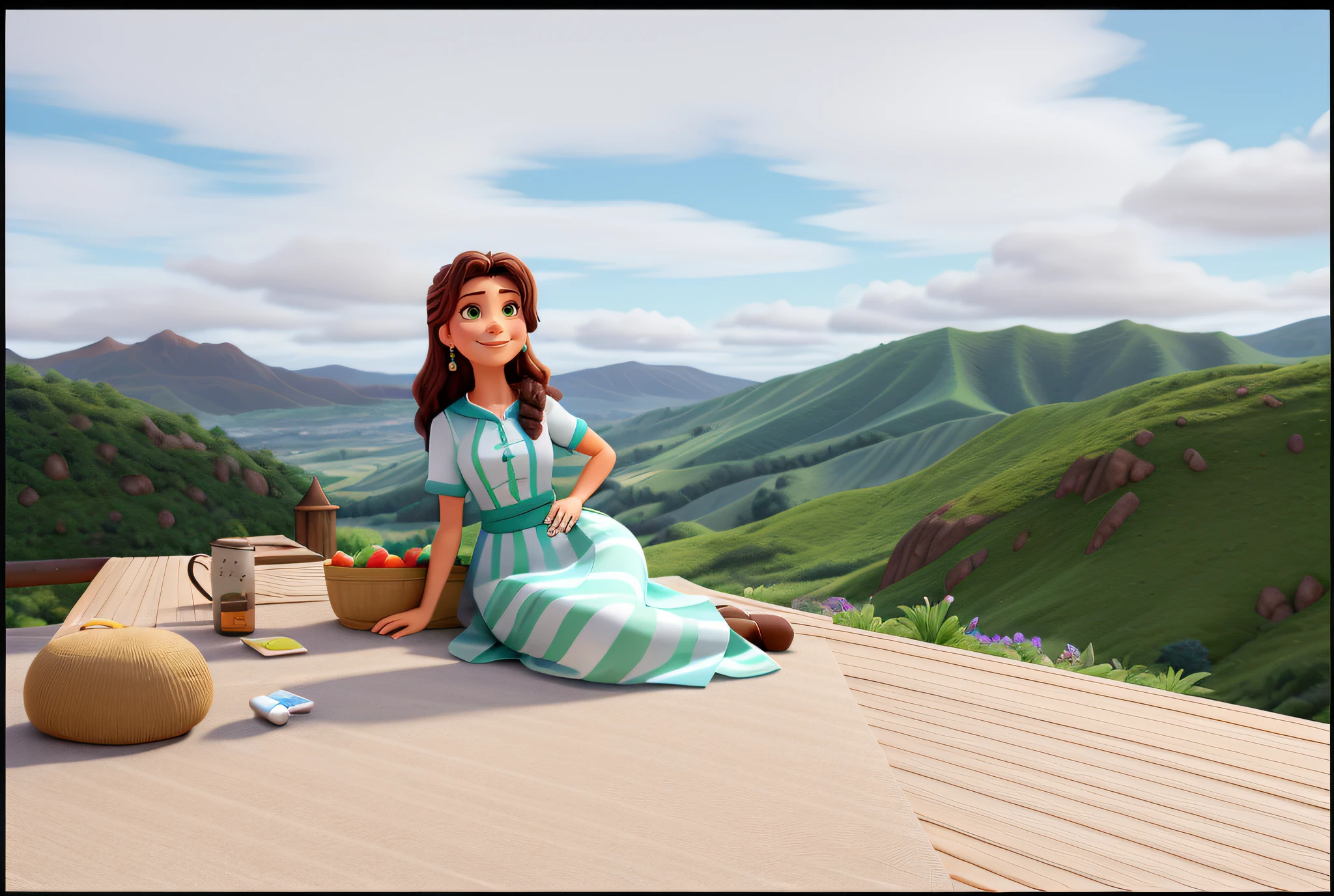 crie um cartaz estilo pixar de uma mulher 30 anos, pele branca, cabelos castanhos, cabelos tamanho no ombro, sentada. Roupa: vestido verde, vestido liso, classic dressed, romantic gown. scenecy: deck de madeira, tapete felpudo, almofadas. Ao fundo, Mountains with short vegetation, blue sky with few clouds