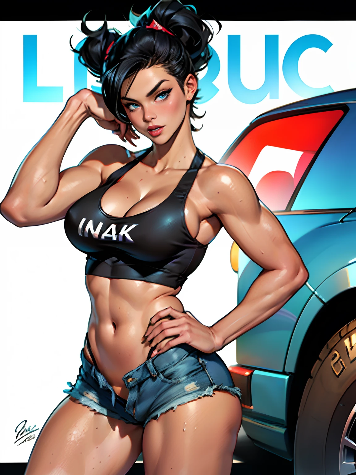 (high quality, best rendering), (beautiful girl), Blue Eyes, black hair(bombshell, pin-up style), psychopath, crazy face, sexy pose, jean short shorts, tank top, pastel, centered, scale to fit dimensions, micro thong, micro bikini, camel toe