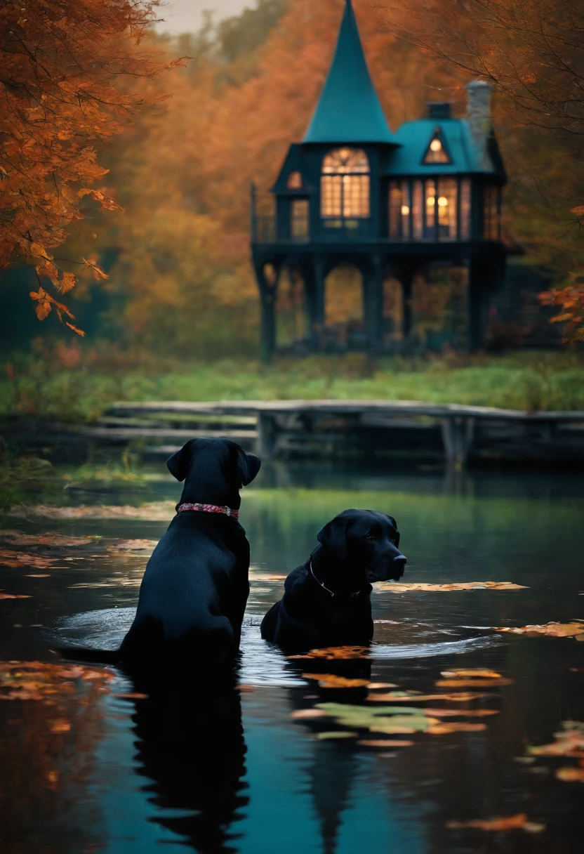 Black Labrador and Human Witch sitting on a pond pontoon facing the witch house