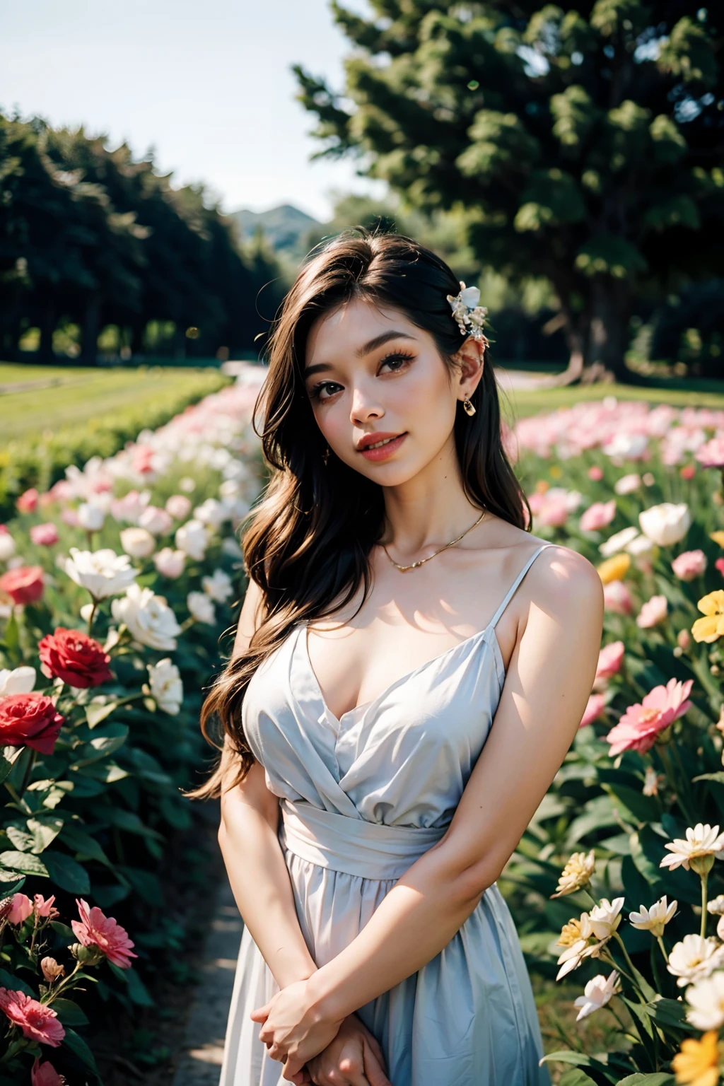 A captivating Asian woman in her twenties, reminiscent of the amazing beauty and allure of the model Jeon Somi. Rendered in hyper-realistic detail with exceptional ((flawless features)). Porcelain skin: skin like luminous porcelain, radiating a healthy and youthful glow. Every highlight and shadow should be carefully processed to enhance her natural beauty. ((perfectly defined features)) Sharp cheekbones, sculpted jawline, a subtle touch of realism. Sparkling eyes: captivating eyes, abundant joy and radiating warmth. Expressive eyebrows: perfectly balanced. Delightful lips: full, perfectly shaped lips curve into a seductive smile. Focus: ((realistic description with extraordinary detail)).
Location: Flower field
Position: Standing amidst the flowers, holding a bouquet
Shooting Angle: Low angle, capturing her face and upper body
Face Presentation: Seductive smile, looking at the camera
Highlights: Excellent quality, model photography, natural and vibrant
Accessories: ((bouquet of flowers in her hand, sunhat))
Interior Description: Flawless, realistic, excellent quality
Body Description: Emphasis on natural beauty, flawless, whole body
Pose: Playful, relaxed stance
Environment: Bright, colorful field with a variety of blooming flowers
Summary: Super model quality, flawless, realistic, the highest quality available, picture perfect.