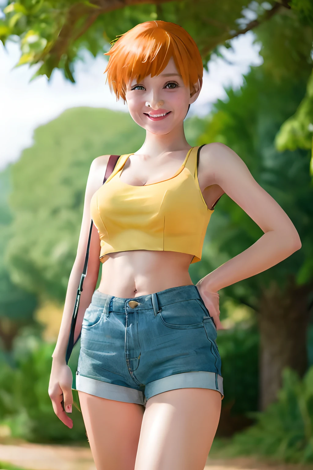 masterpiece, best quality, highres, 1girl, misty (pokemon), orange hair, solo, shorts, suspenders, side ponytail, orange hair, midriff, yellow crop top, navel, short hair, denim, denim shorts, large breasts, smile, cowboy shot, standing, outdoors, thick thighs, ultrarealistic, realistic:1.5, beautiful face, intricate details