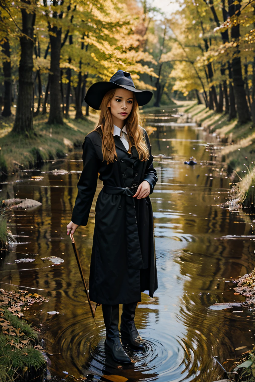 Painting of golden haired witch standing side of the stream