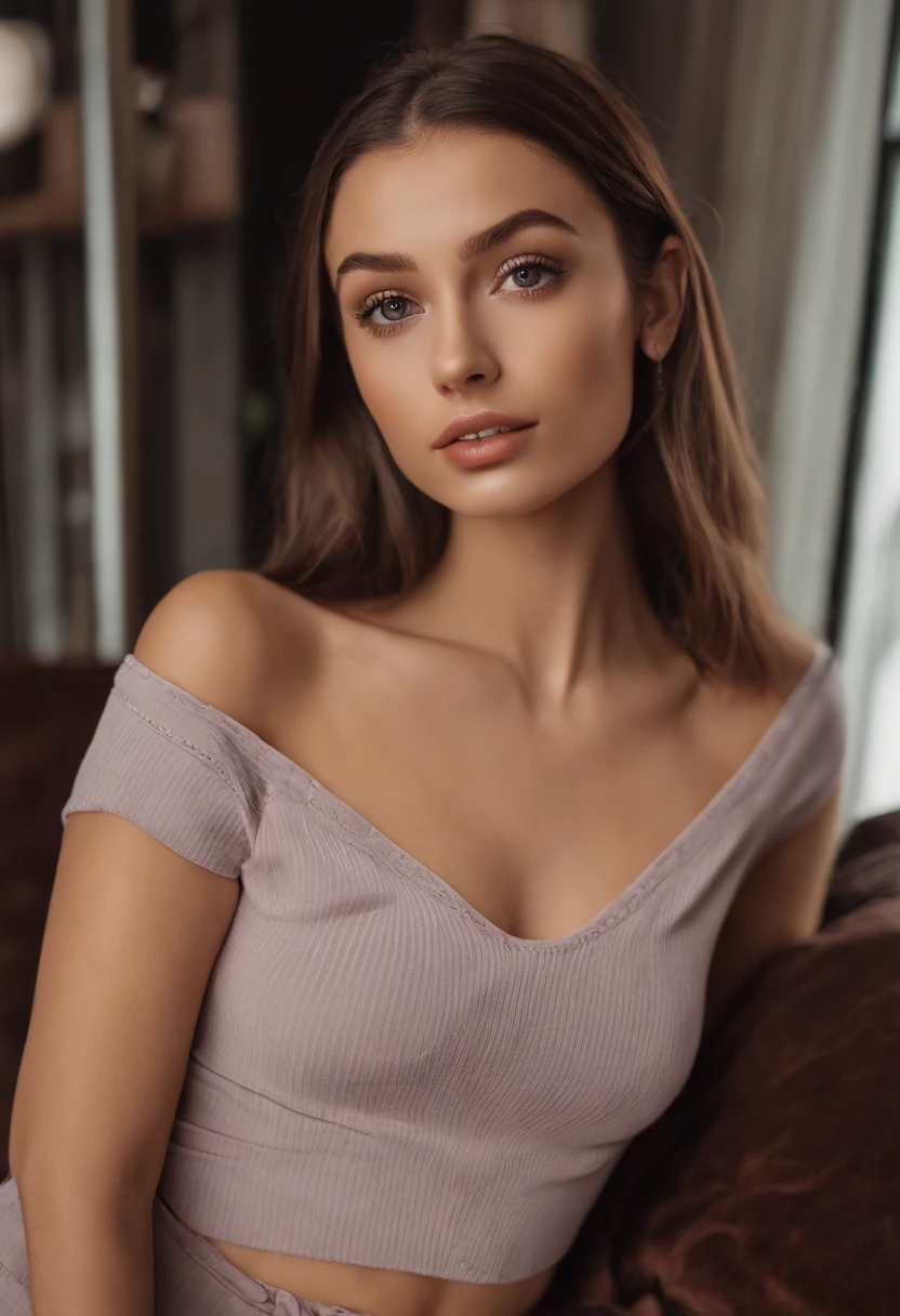 arafed woman with , sexy girl with brown eyes, portrait sophie mudd, brown hair and large eyes, selfie of a young woman, bedroom eyes, violet myers, without makeup, natural makeup, looking directly at the camera, face with artgram, subtle makeup, stunning full face shot, in the club, cleavage, ultra realistic