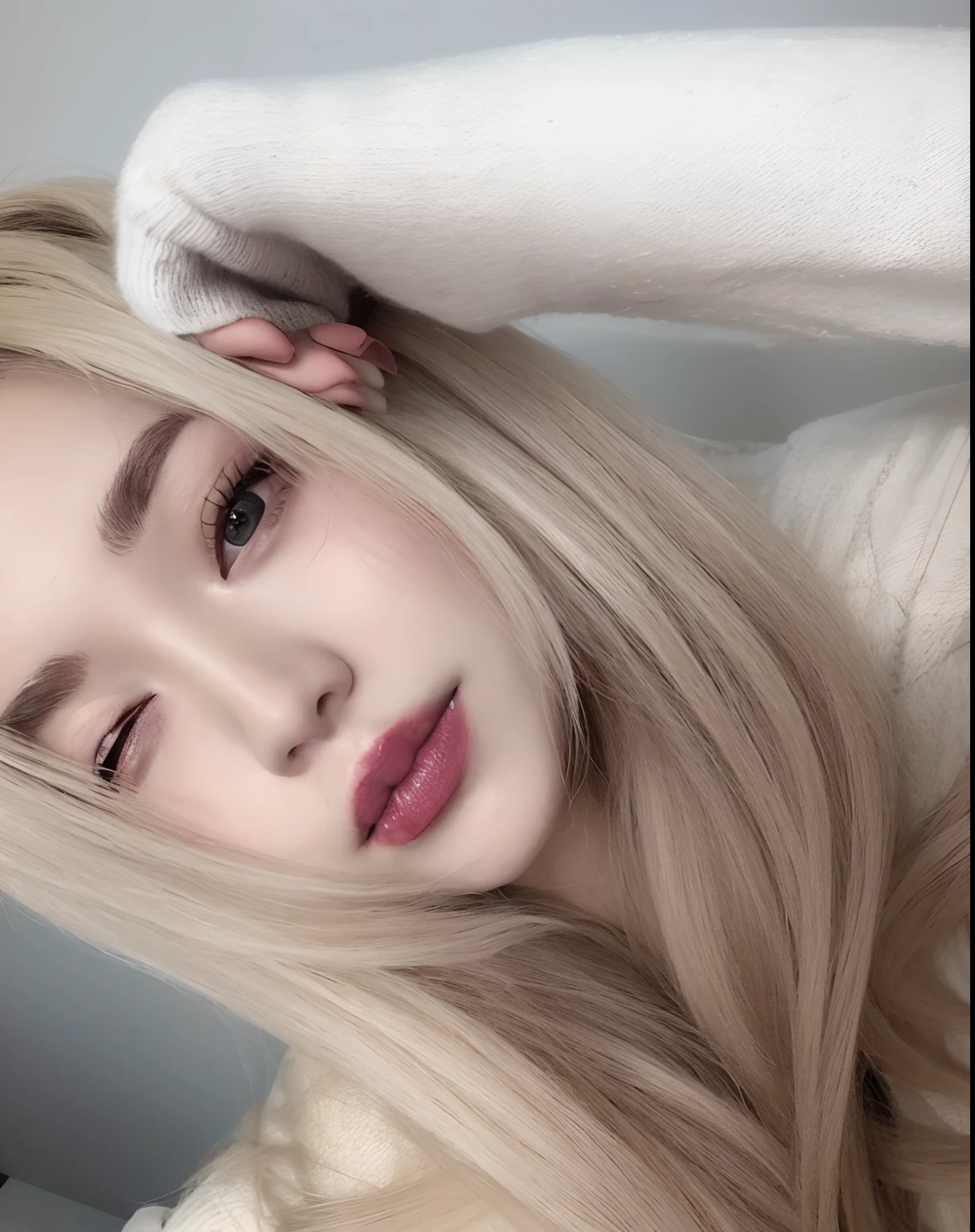 A closeup of a woman with long blonde hair and a sweater, Parque Roseanne do Blackpink, maquiagem sul-coreana popular, Ulzzang, maquiagem coreana popular, coreana, extremely pale blond hair, beautiful aesthetic face, wan adorable korean face, com cabelos longos brancos, pele branca leitosa, com longos cabelos brancos, 🤤 retrato da menina thin lips