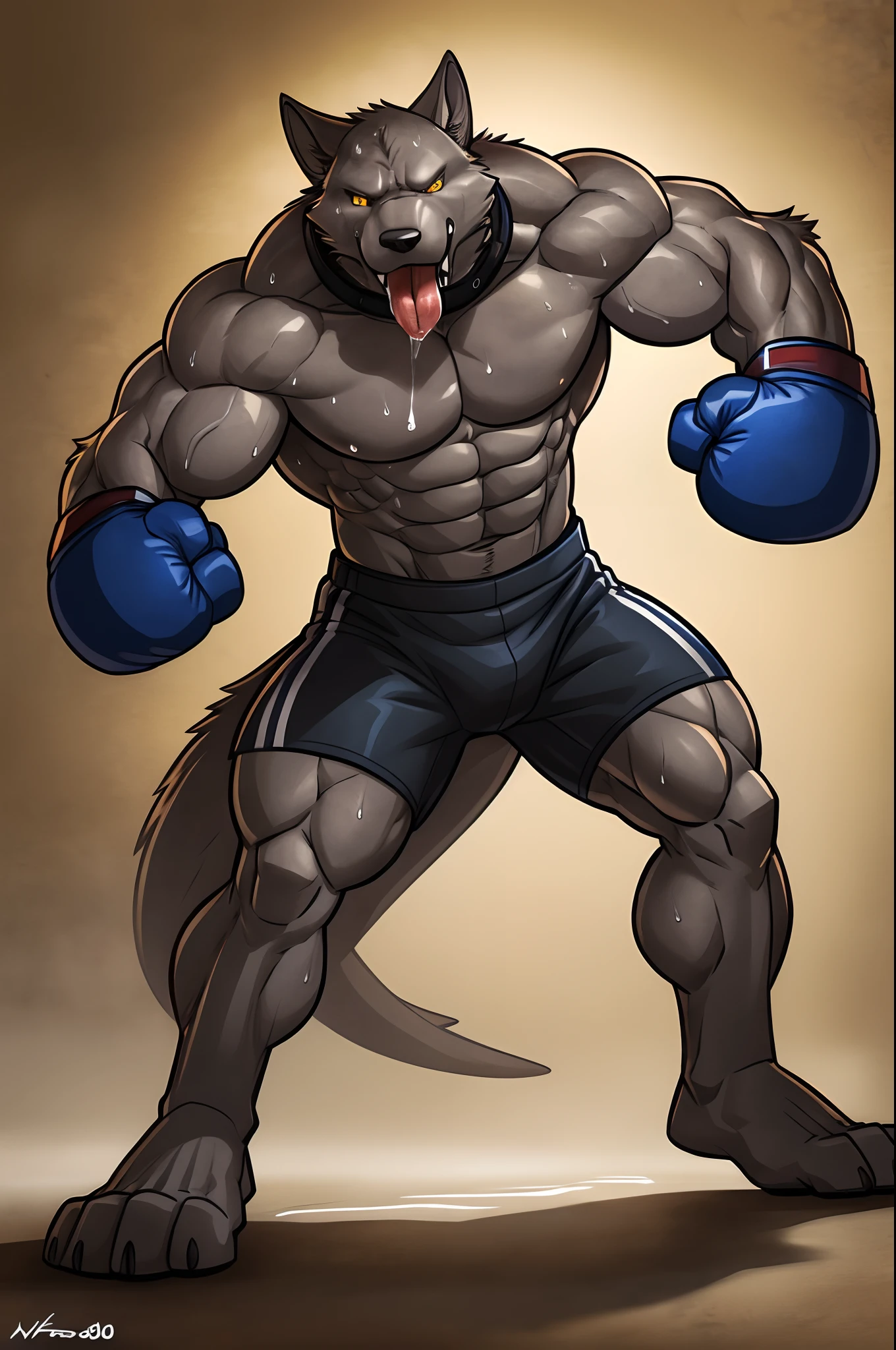 ((solo)), (anthro) dragon, lora, adult, mature, masculine, slim:1.2, skinny:1.2, tall:1, (correct anatomy:1.2), vascular veins, (cartoon fur, detailed fur texture:1.3), topless, wearing big black collar (shirtless, boxing gloves, compression shorts), ultradetailed, (by wfa:1.2), (by takemoto_arashi, by vorusuarts, by Traver009:1, by grimfaust:1), natural lighting ((boxing ring):1.4 background), (sweat:1.4, wet:1.6), (lots of sweat flowing down) exhausted, wolf head ((open:1 eyes, detailed):1.2), open mouth (steaming breath:1.2, drooling, dripping saliva, thick drool) tongue sticking out, (serious:1.4) expression), in pain