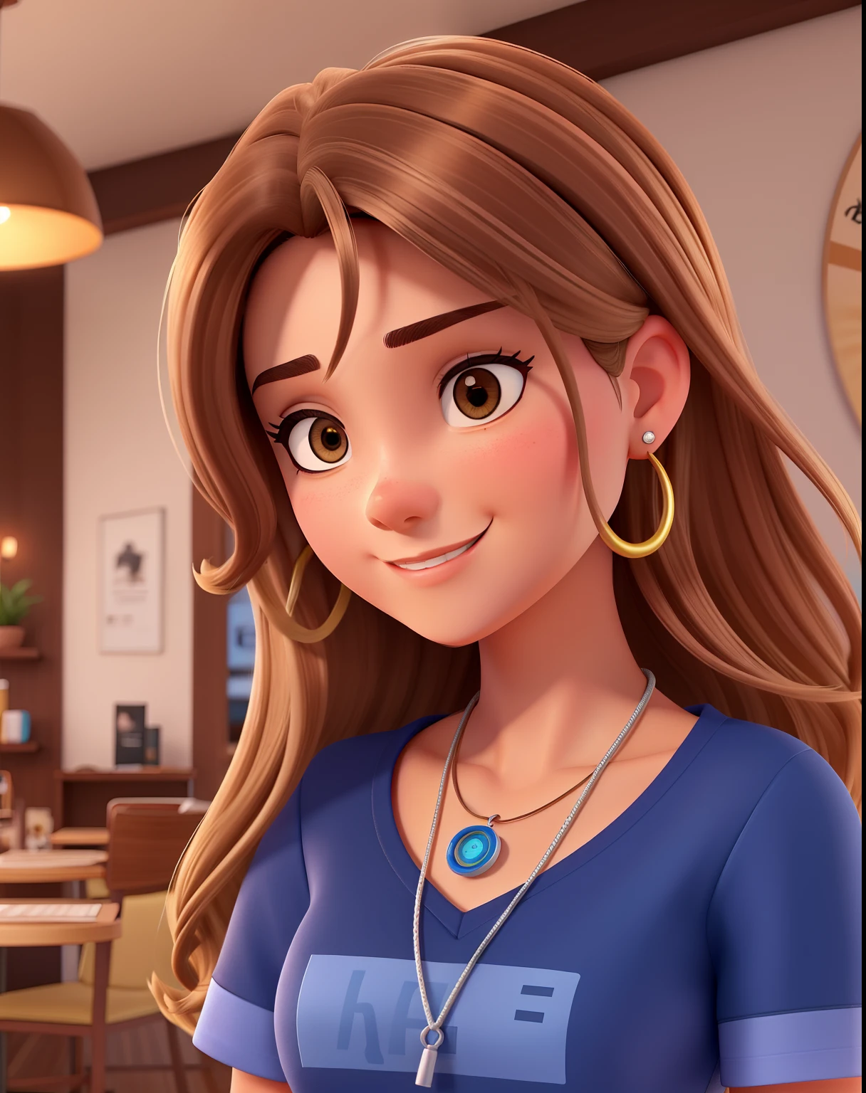 sexo feminino, Brown hair with blonde highlights medium size, sobrancelhas cor castanho claro, pele branca, sardinhas no rosto, Rounded face big eyelashes, olhos grandes cor castanho claro, nariz arredondado, septum piercing, side labret piercing, sorriso de canto, delineado grande preto, recepcionist, hotel, blue shirt written Fourth in sight on the left chest,