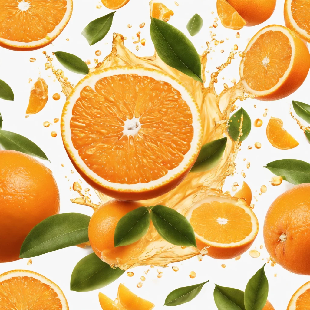 A storm of orange juice explodes, swirls around, surrounded by oranges, orange leaves, everything in the middle of the frame, unbroken, white background.