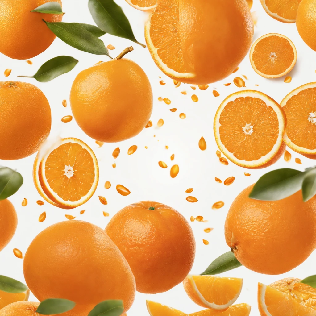 A storm of orange juice explodes, swirls around, surrounded by oranges, orange leaves, everything in the middle of the frame, unbroken, white background.