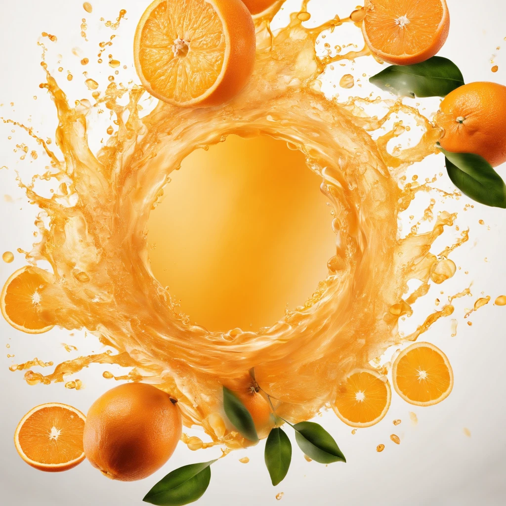 A storm of orange juice explodes, swirls around, surrounded by oranges, orange leaves, everything in the middle of the frame, unbroken, white background.