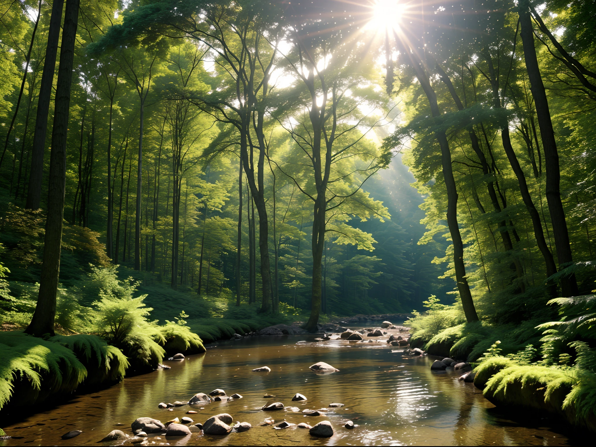 Middle of evergreen forests afternoon time scorching sunlight piercing through the dense canopy cinematic photorealistic ultra hd 8k quality narrow and shallow water stream flowing through tyndall effect hyper realistic masterpiece highly detailed calming effect