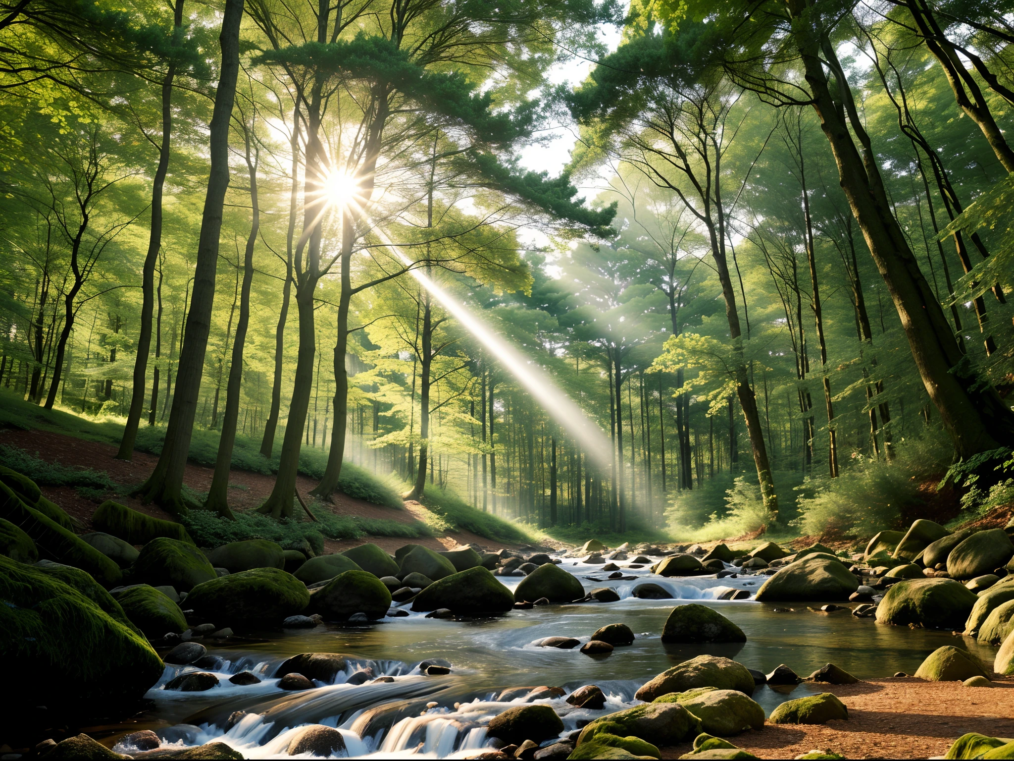 Middle of evergreen forests afternoon time scorching sunlight piercing through the dense canopy cinematic photorealistic ultra hd 8k quality narrow and shallow water stream flowing through tyndall effect hyper realistic masterpiece highly detailed calming effect