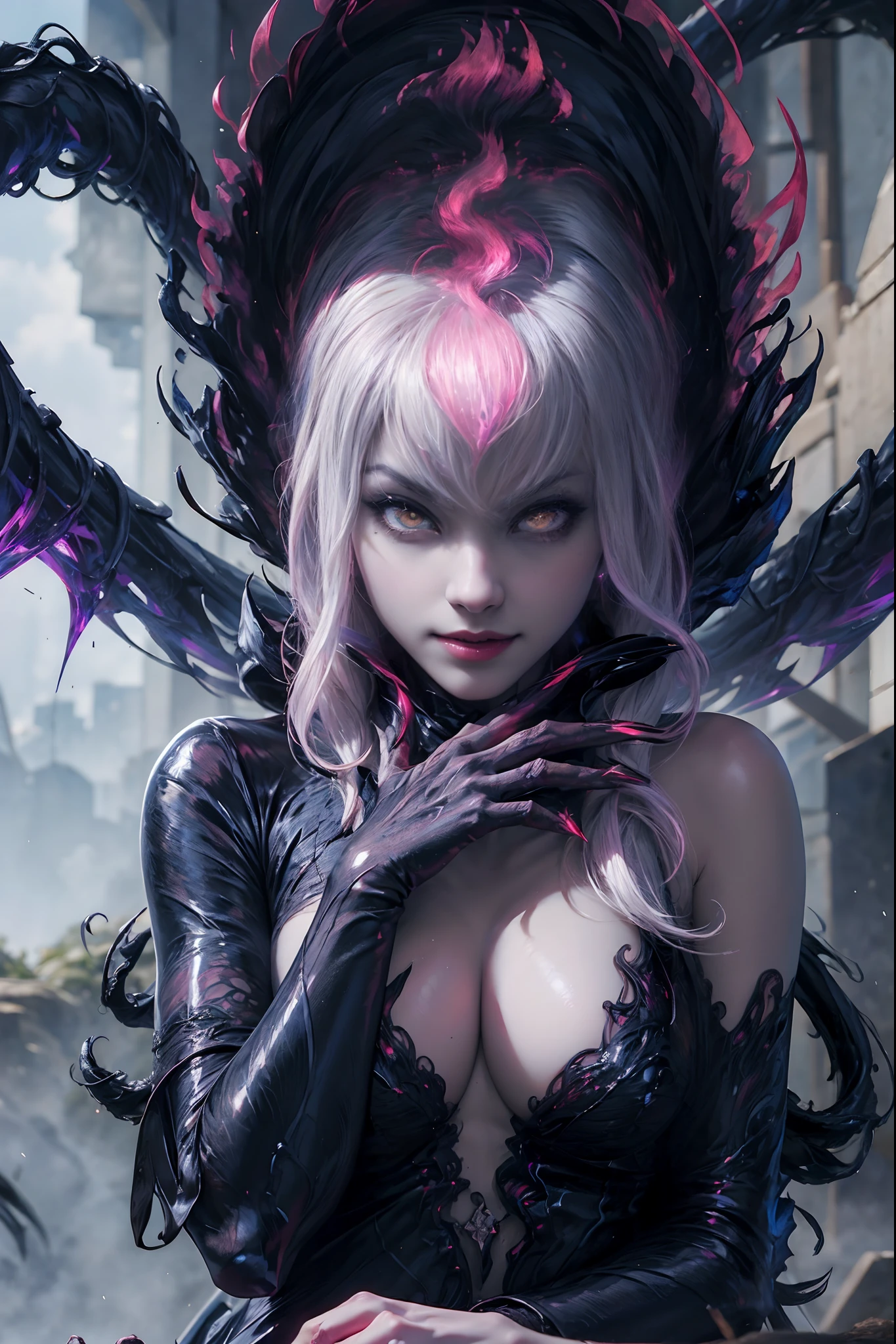 best quality, masterpiece, extremely detailed, anime, Evelynn_Default, slit_pupils, glowing_eyes, black_sclera, white_hair, smug face, all body,  out