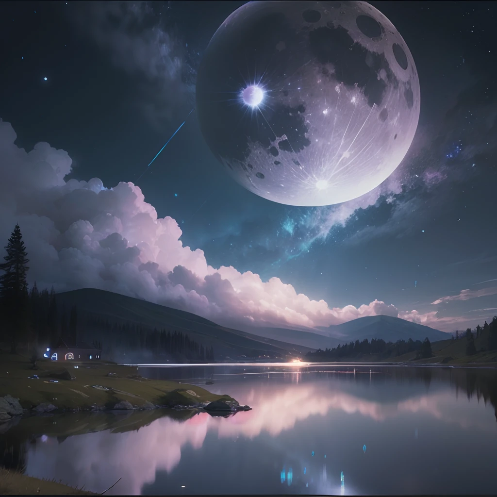 A Photograph capturing a prismatic dream, the ethereal glow of the vibrant moon casts its spell upon a tranquil landscape. --auto --s2