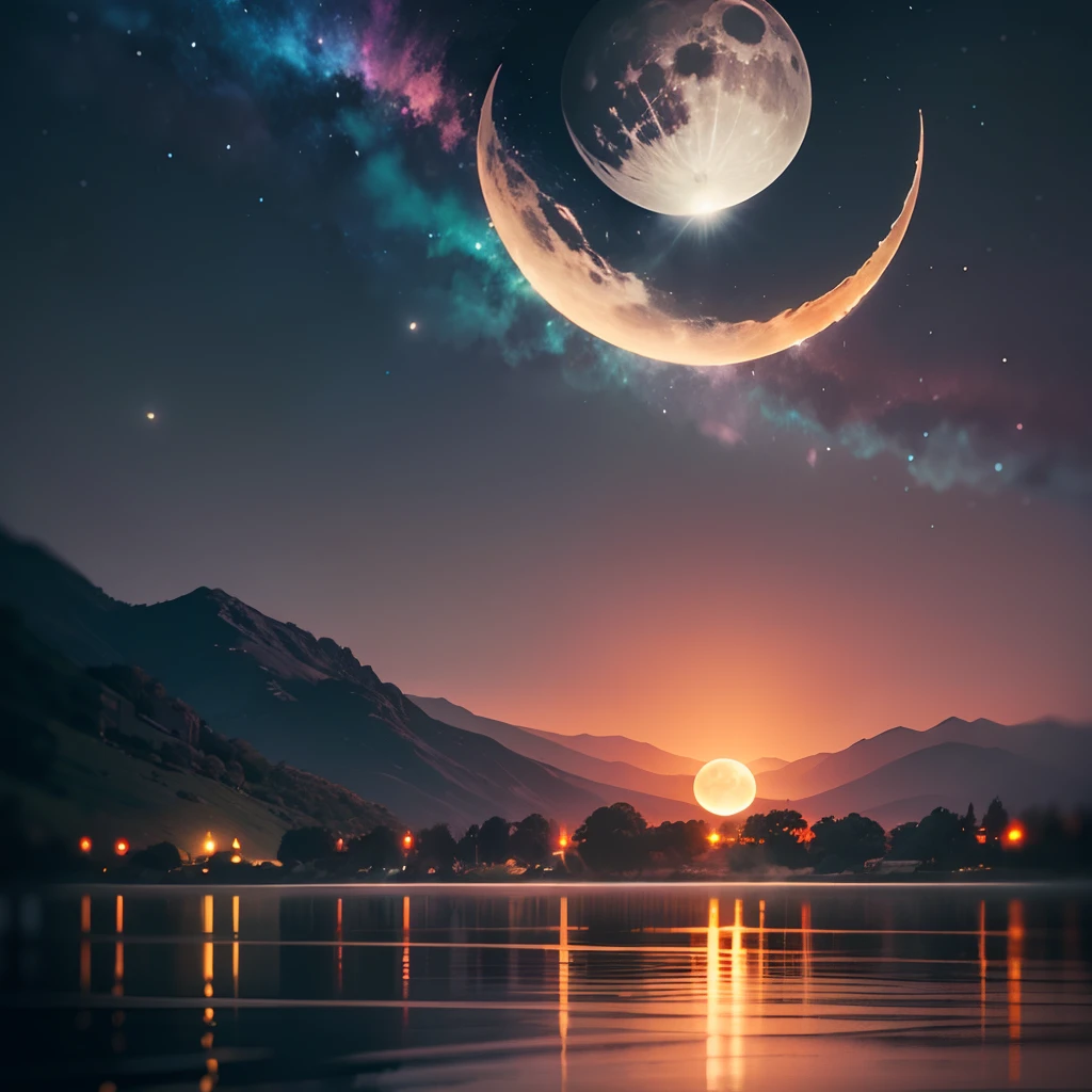 A Photograph capturing a prismatic dream, the ethereal glow of the vibrant moon casts its spell upon a tranquil landscape. --auto --s2