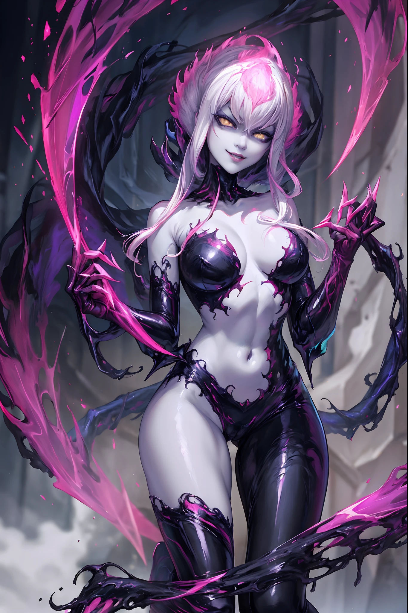 best quality, masterpiece, extremely detailed, anime, Evelynn_Default, slit_pupils, glowing_eyes, black_sclera, white_hair, smug face, all body,  out