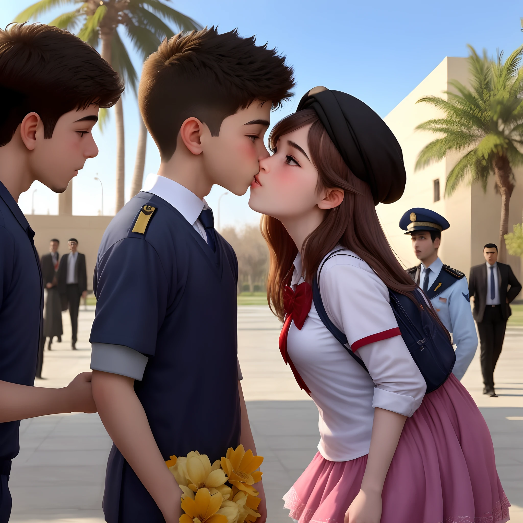Produce a sunny day at Iran University of Science and Technology where under a palm tree a boy kisses a girl with a flower skirt and the head of security at the school attacks them.