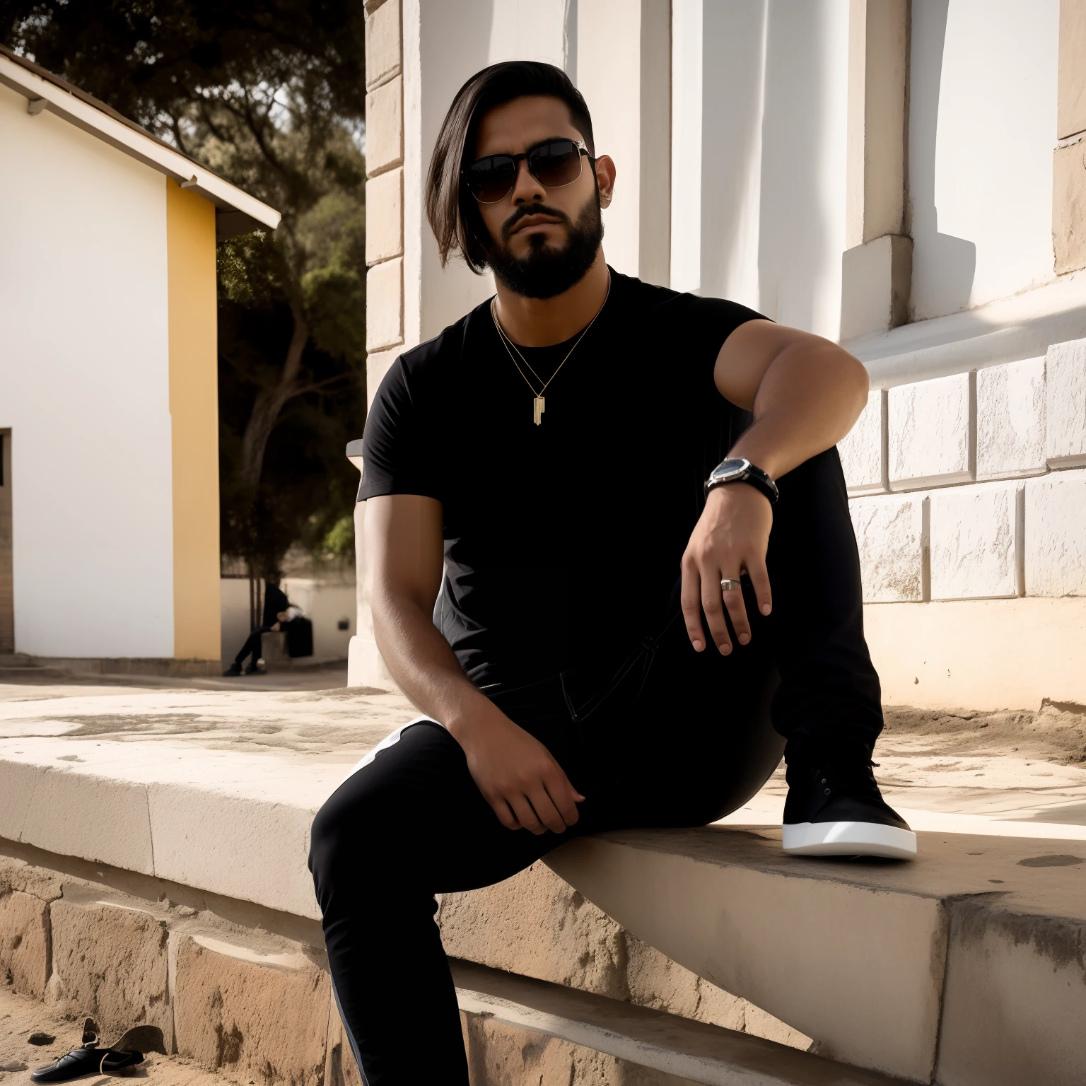 There's a man sitting on a ledge on the floor, com barba e camisa preta, black sunglasses, Foto de um ensaio promocional, menacing stare, olhar agressivo, adam varga, Vanta Preto, caio santos, Alex Yanes, christian cline, Raphael Personnaz, david rios ferreira