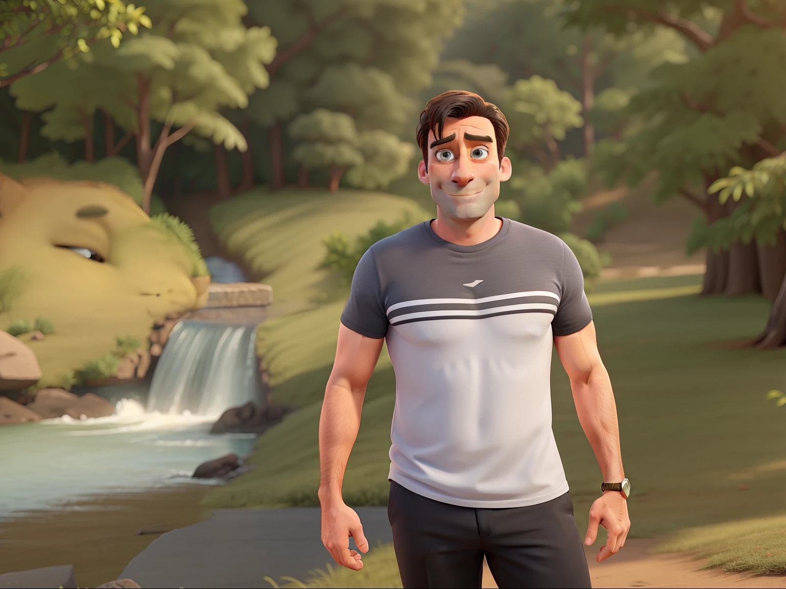 Jon Hamm, Cartoon, He wore an orange T-shirt and over it a white shirt and black dress pants, arms crossed, olhando para frente e sorrindo entre os dentes;