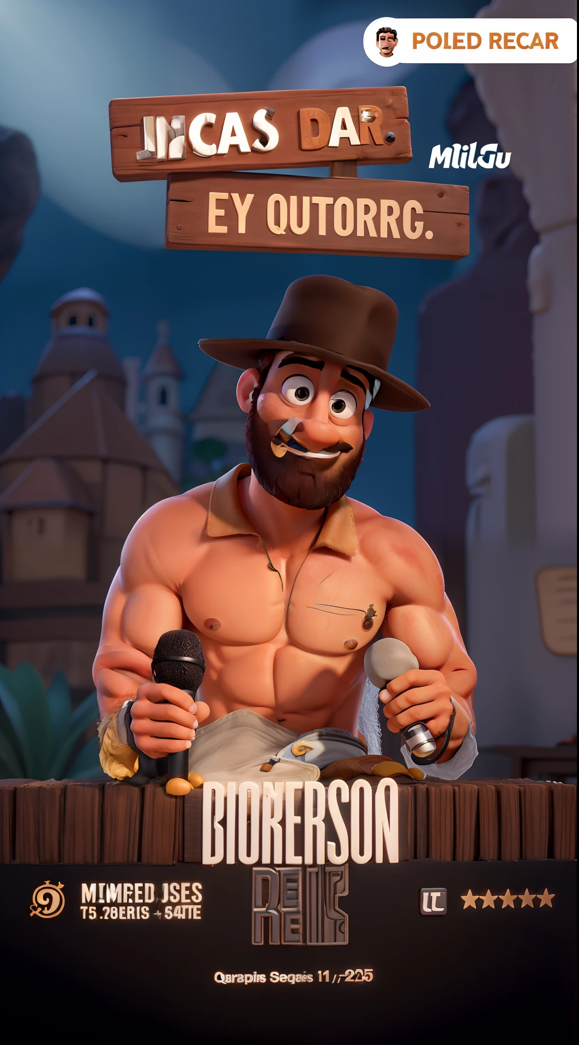 Um homem, de barba ,com microfone, modelo Disney pixar, alta qualidade, melhor qualidade
