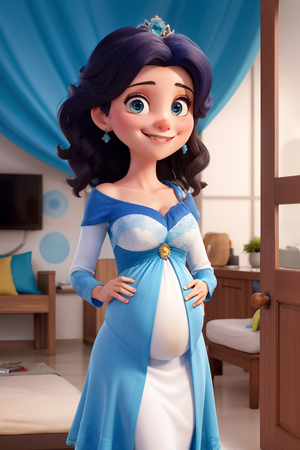 Mulher bonito com olhos azuis, cabelos pretos, alta, Beautiful, Holding your pregnant belly, sorrindo, vestido azul chique, very friendly, sentado na cama posando