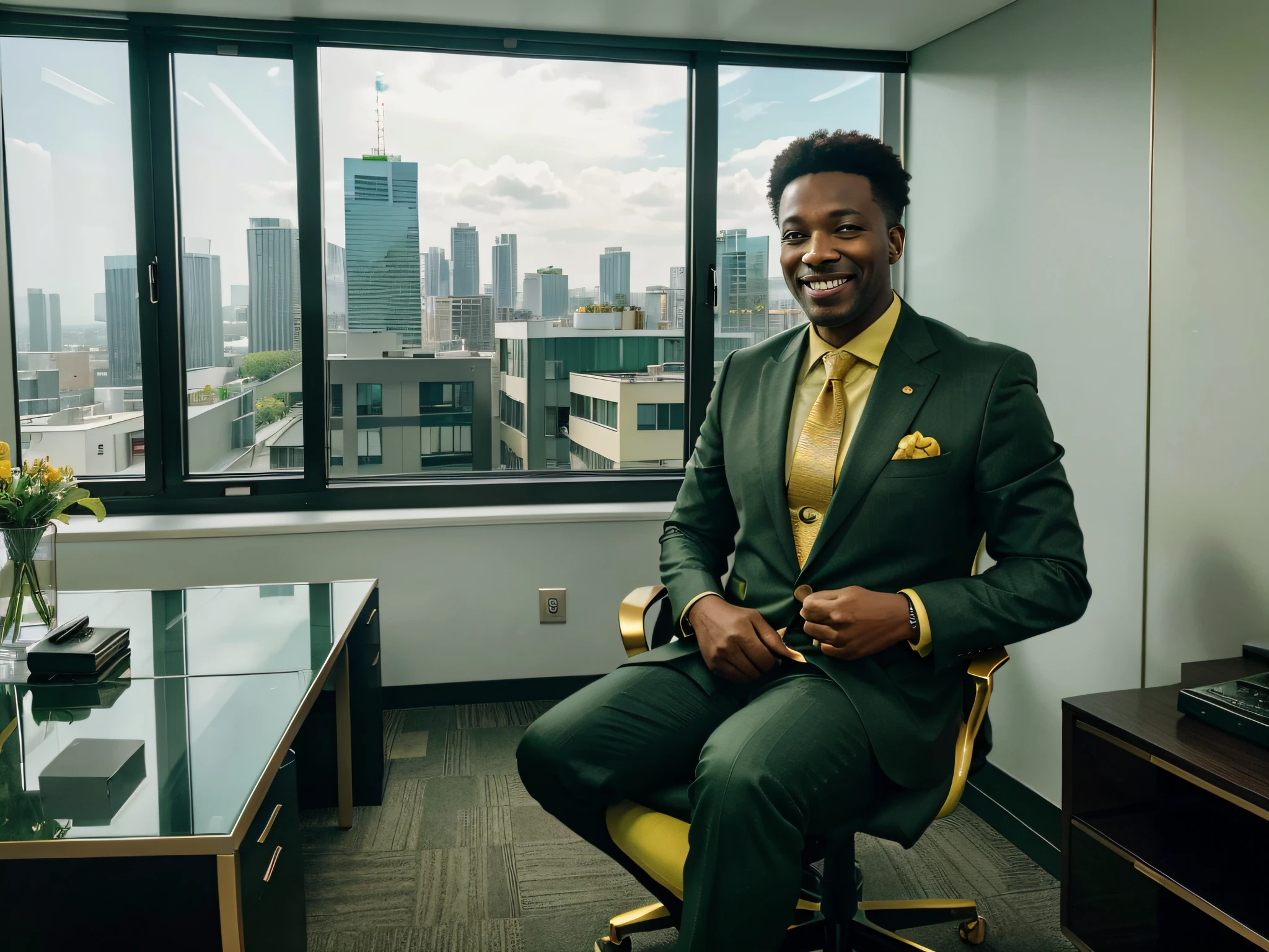 realistic black lawyer aged 50 in his corner office with green and gold colour scheme with window overlooking the city, wearing green and gold suit smiling at the camera. the office is large with expensive modern furniture. 4K, wide angle, stunning