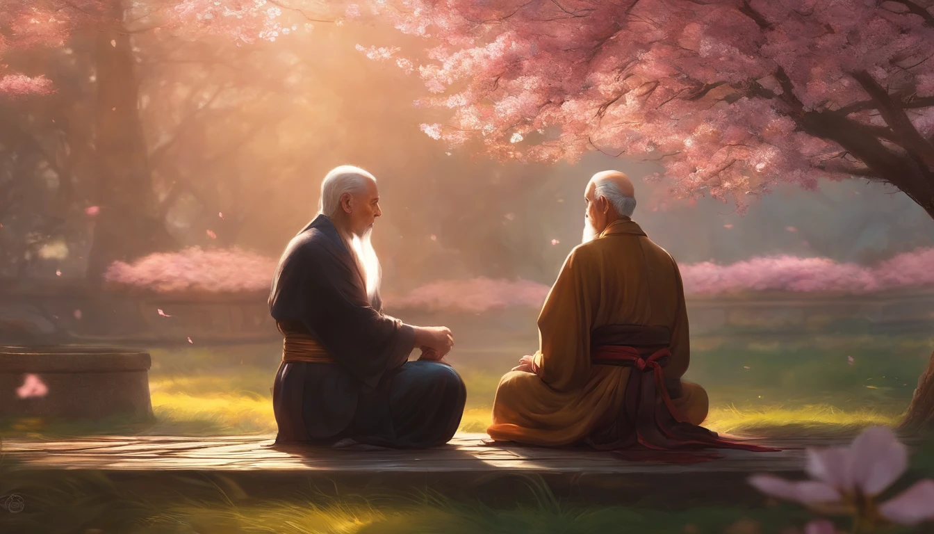 There is a man and a wise old monk sitting on the ground next to the cherry blossom., Ross Tran e Michael Whelan, Edgar Maxence e Ross Tran, wlop e ross tran, Ross Tran e Bayard Wu, James Gurney e Andreas Rocha, rob rey and kentarõ miura, Art not Guweiz style, arte do jogo de RPG