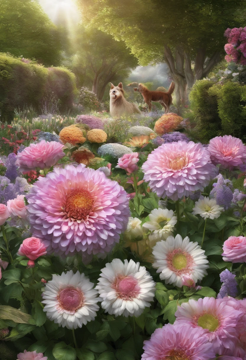 Together with the shining sun, it creates a realistic landscape of a beautiful flower garden. happy animals