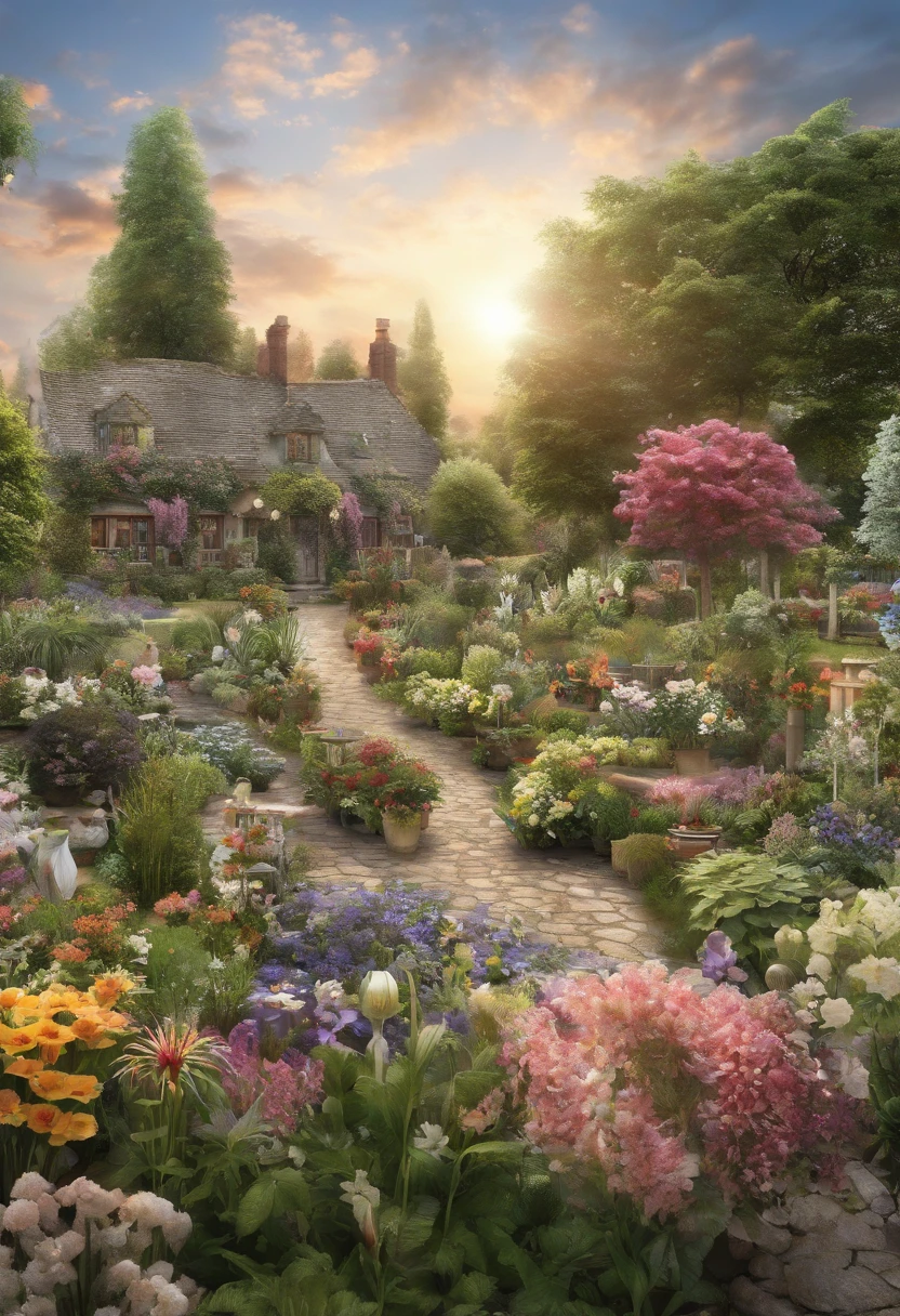 Together with the shining sun, it creates a realistic landscape of a beautiful flower garden. happy animals