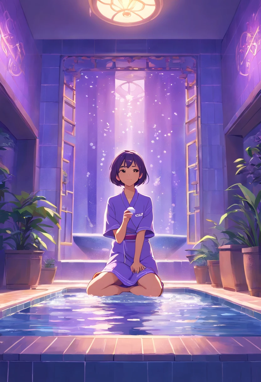 A disney pixar style illustration of a super charming spa with shades of purple and lilac with the name Mandarin Urban Spa using the phrase "Seu destino para a Paz no Caos da Cidade" escrita em um quadro