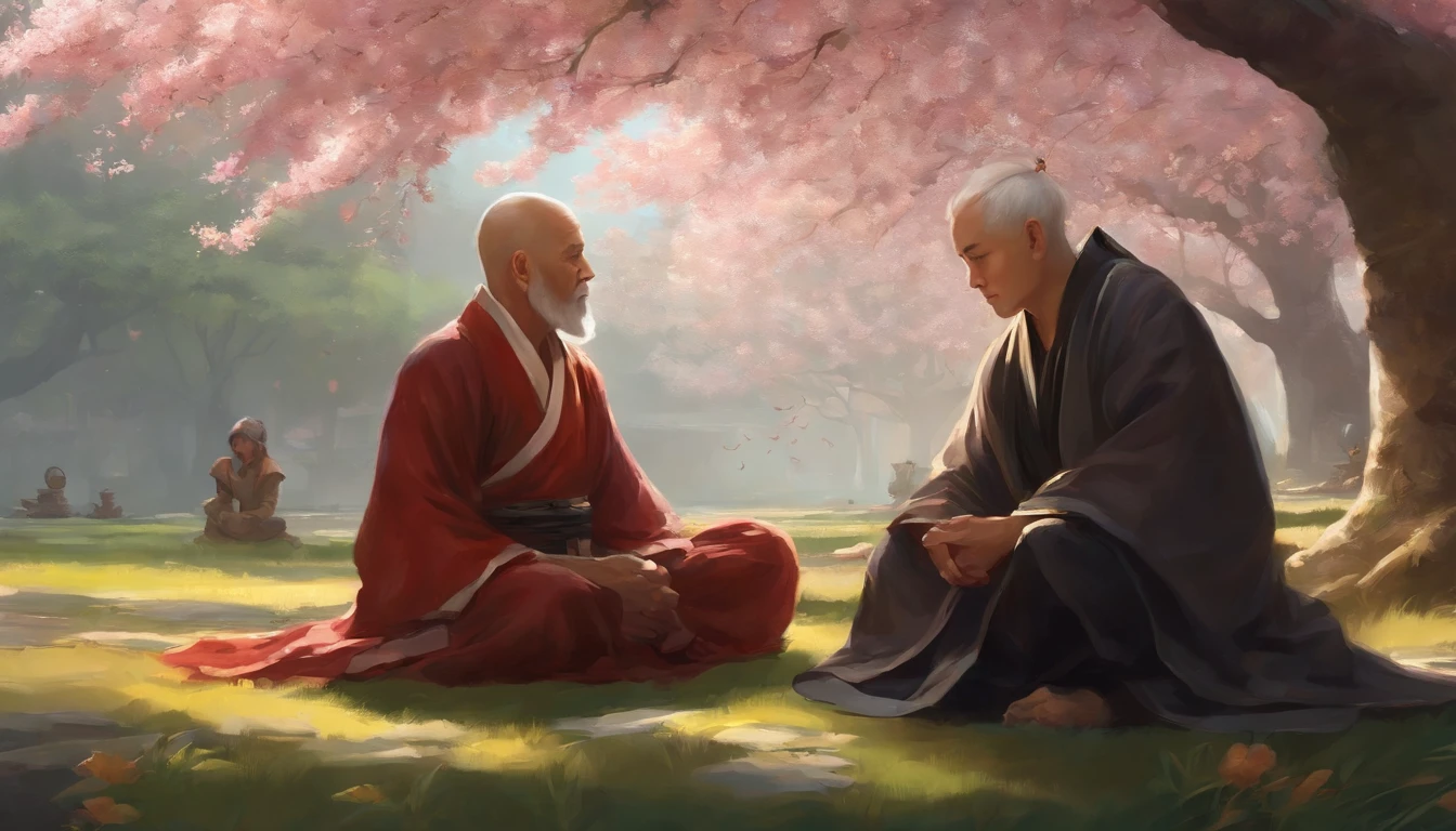 There is a man and a wise old monk sitting on the ground next to the cherry blossom., Ross Tran e Michael Whelan, Edgar Maxence e Ross Tran, wlop e ross tran, Ross Tran e Bayard Wu, James Gurney e Andreas Rocha, rob rey and kentarõ miura, Art not Guweiz style, arte do jogo de RPG
