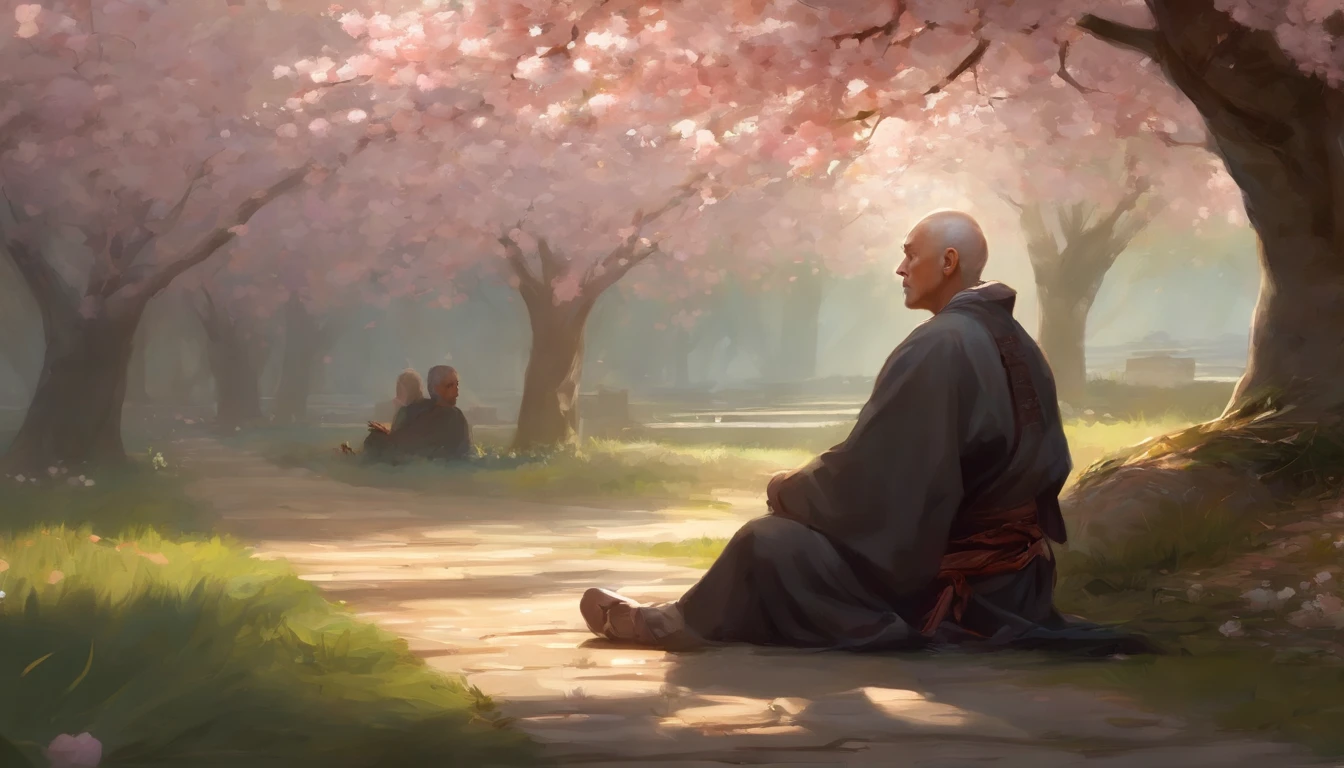 There is a man and a wise old monk sitting on the ground next to the cherry blossom., Ross Tran e Michael Whelan, Edgar Maxence e Ross Tran, wlop e ross tran, Ross Tran e Bayard Wu, James Gurney e Andreas Rocha, rob rey and kentarõ miura, Art not Guweiz style, arte do jogo de RPG