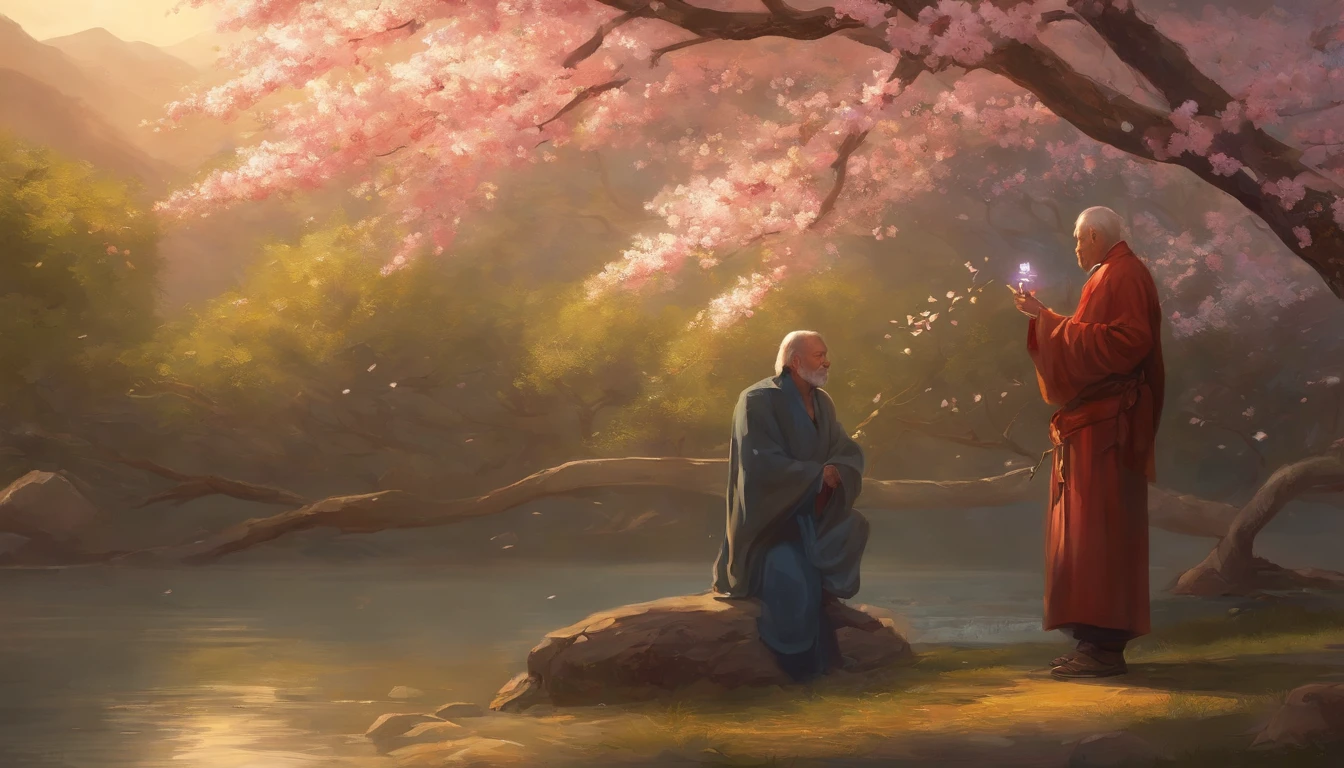There is a man and a wise old monk sitting on the ground next to the cherry blossom., Ross Tran e Michael Whelan, Edgar Maxence e Ross Tran, wlop e ross tran, Ross Tran e Bayard Wu, James Gurney e Andreas Rocha, rob rey and kentarõ miura, Art not Guweiz style, arte do jogo de RPG