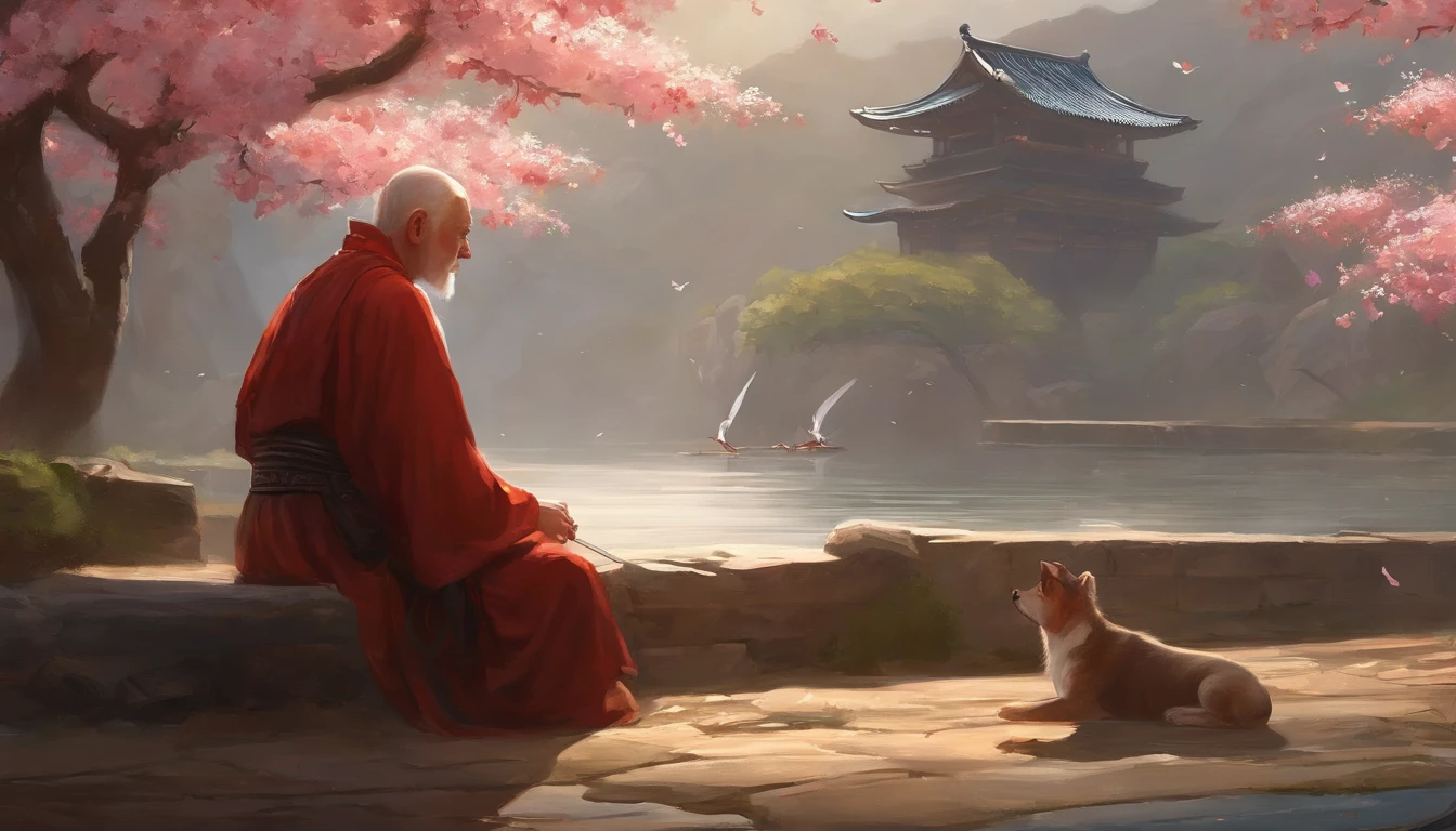 There is a man and a wise old monk sitting on the ground next to the cherry blossom., Ross Tran e Michael Whelan, Edgar Maxence e Ross Tran, wlop e ross tran, Ross Tran e Bayard Wu, James Gurney e Andreas Rocha, rob rey and kentarõ miura, Art not Guweiz style, arte do jogo de RPG