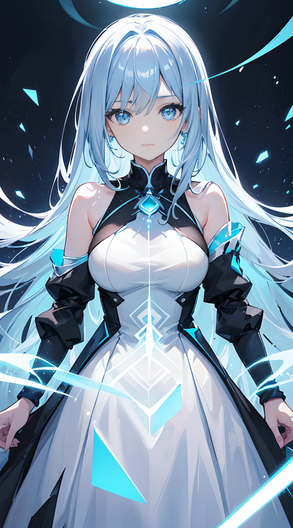 ((Masterpiece)), (Best Quality), (Detailed), (1girl), (Internal Data Flow) light blue gradient hair, light blue glowing eyes, straight hair, She is dressed in a modern white shirt and a black dress, Covered by data particles, Locked around the neck