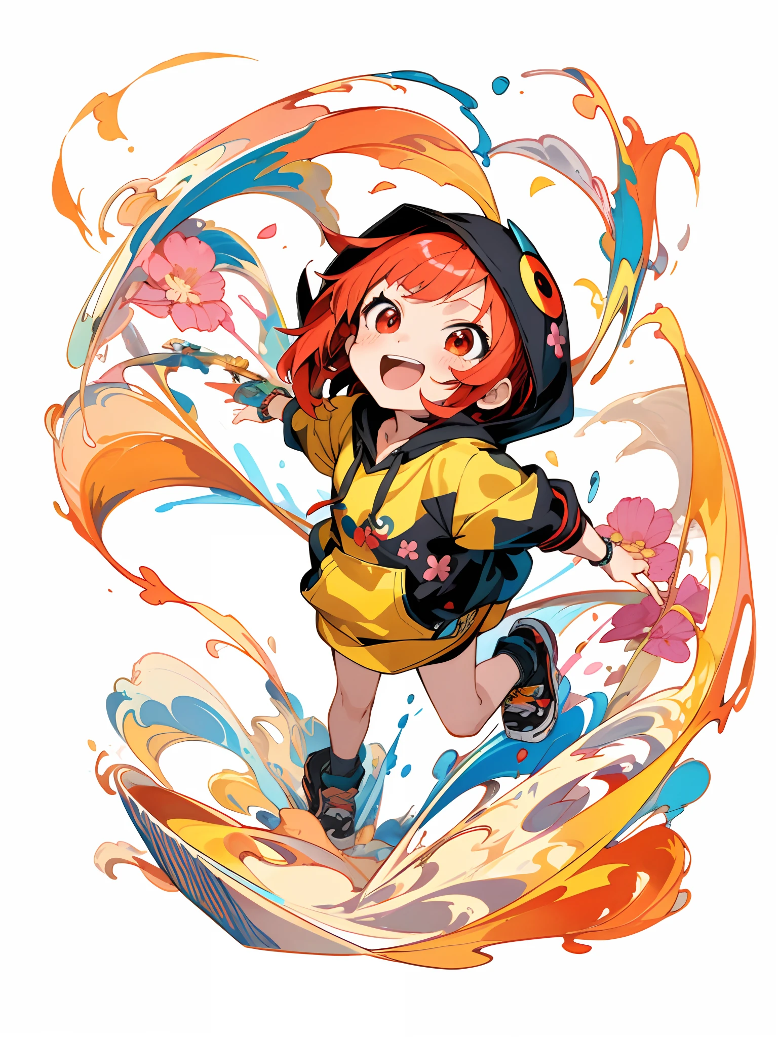 masterpiece, ultra-high quality, ( ultra detailed original illustration), ((chibi mode)),( little girl joyful facial expression, red eye, short hair, smile, open mouth,full body, perfect body), ((street wear,hoodie fashion)), ((flowers sakura)(graffiti)), double exposure, fussion of fluid abstract art, glitch, ( 2d), ( original illustration composition), ( fusion of limited color, maximalism artstyle, geometric artstyle, fire, junk art), yellow theme, background black