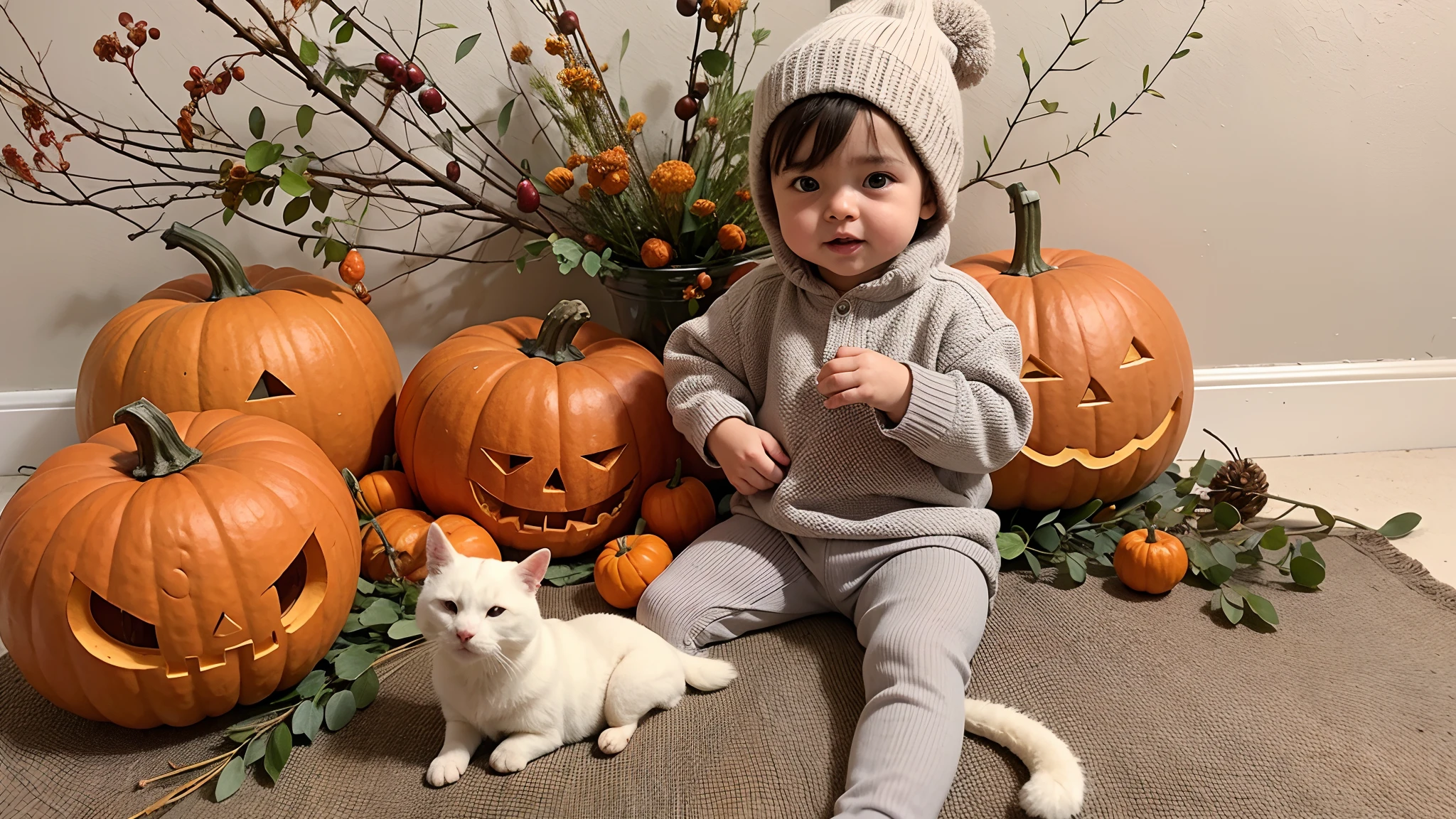 Toddler sitting on blanket with pumpkins and other autumn decorations, 🍂 Cute, 🍁 Cute, 🤬 🤮 💕 🎀, highlight, abcdefghijklmnopqrstuvwxyz, cutest, Cold, Like ice! 🧊, 1614572159, in a halloween style, autumn, luca, pumpkins halloween, black clothing