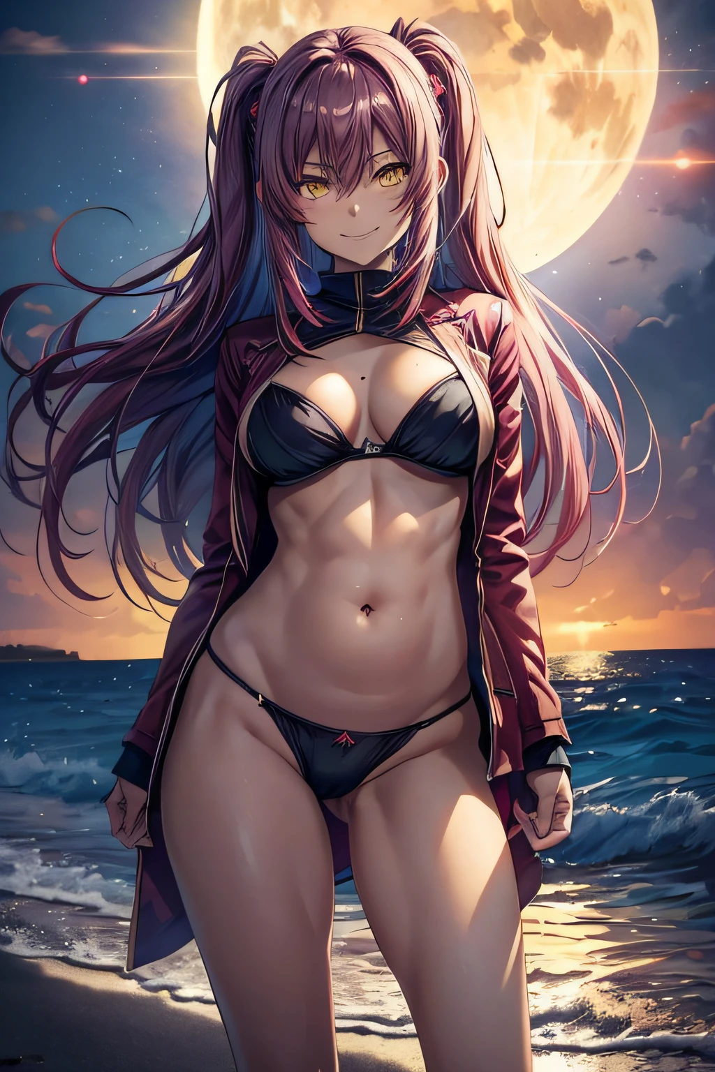 Ichika Amasawa, middlebreasts, (bunda grande mostrando para camera), (((Muscle in the belly))), (((muscles in the thighs))), barefoot, standing on her feet, (((usando um biquini preto muito curto))), foto de corpo inteiro, Beach scenery with stars in the sky and full moon, cabelos magenta, cabelos lisos, yellow eyes, evil smile, anime, anime style, En plein air, cinematic lighting, sparkle, jpeg artifacts, glowing light, ray tracing, image fill, panorama, Sony FE, UHD, masterpiece, ccurate, anatomically correct, super detail, high quality, highres, HD, 16k