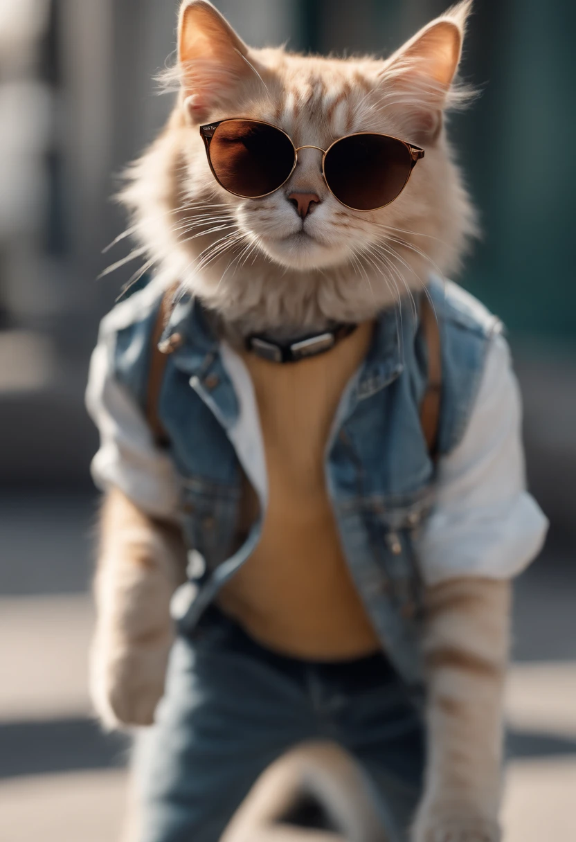 Cute cat, full bodyesbian,Fashionable and trendy matching, Wearing sunglasses, Wearing headphones, cheerfulness, Standing position, Abstract beauty, Centered, Looking at the camera, Facing the camera, nearing perfection, Dynamic, Highly detailed, smooth, Sharp focus, 8K