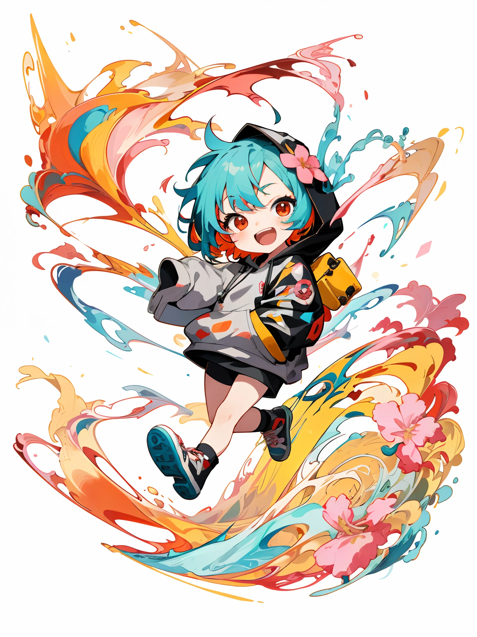 masterpiece, ultra-high quality, ( ultra detailed original illustration), ((chibi mode)),( joyful facial expression, red eye, short hair, smile, open mouth,full body, perfect body), ((street wear,hoodie fashion)), ((flowers sakura)(graffiti)), double exposure, fussion of fluid abstract art, glitch, ( 2d), ( original illustration composition), ( fusion of limited color, maximalism artstyle, geometric artstyle, fire, junk art), yellow theme, background black