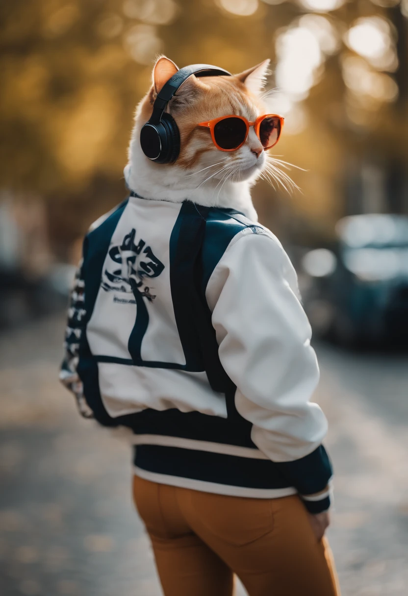 Perfect centering, Cute cat, Wear a student team jacket, Wearing sunglasses, Wearing headphones, cheerfulness, Standing position, Abstract beauty, Centered, Looking at the camera, Facing the camera, nearing perfection, Dynamic, Highly detailed, smooth, Sharp focus, 8K