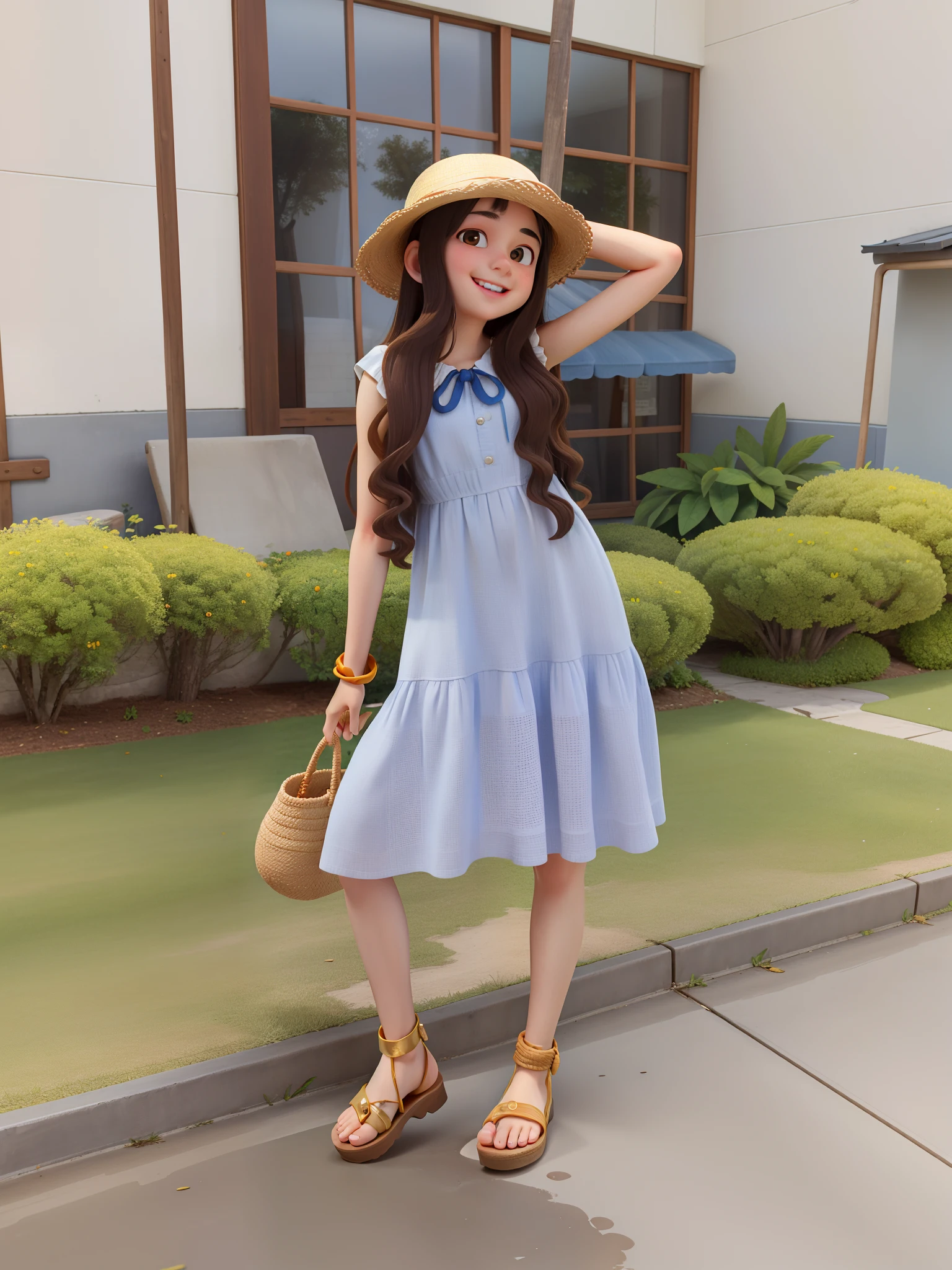 11 year old girl smiling and looking, with very white skin color and very curly and long brown hair. She wears a large straw hat on her head and holds it with one hand, she holds a straw bag in the other hand, she wears a checkered dress blue with on the bust, wears gold sandals
