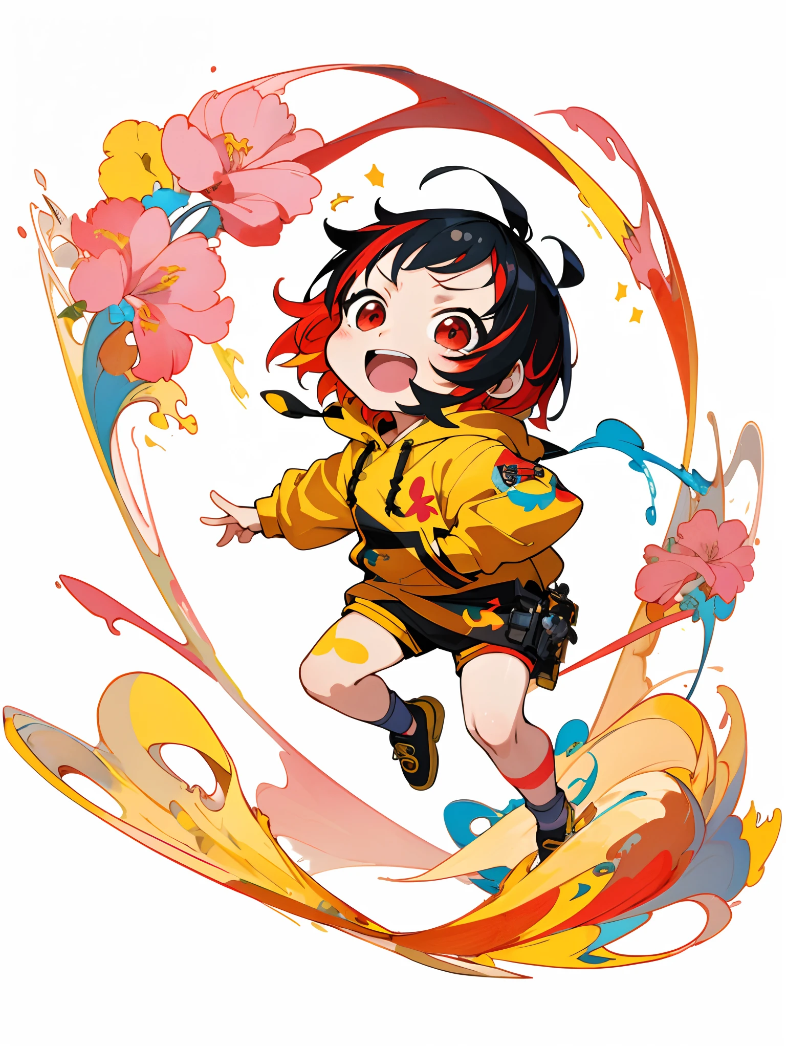 masterpiece, ultra-high quality, ( ultra detailed original illustration), ((chibi mode)),( joyful facial expression, red eye, short hair, smile, open mouth,full body, perfect body), ((street wear,hoodie fashion)), ((flowers sakura)(graffiti)), double exposure, fussion of fluid abstract art, glitch, ( 2d), ( original illustration composition), ( fusion of limited color, maximalism artstyle, geometric artstyle, fire, junk art), yellow theme, background black
