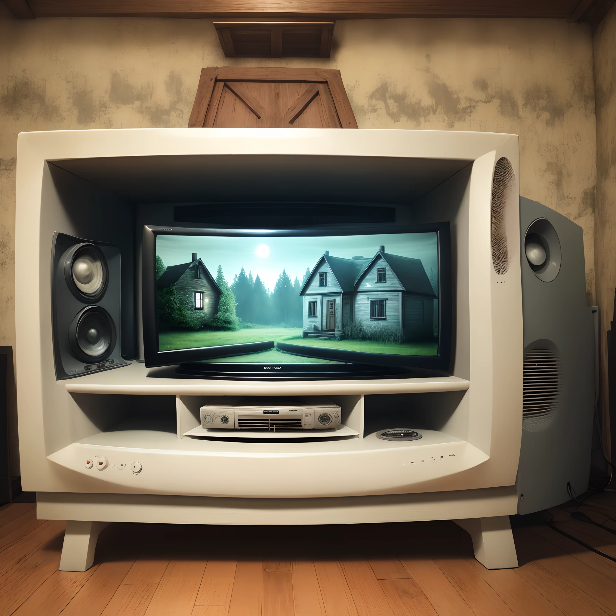 Old TV with Haunted Cottage Background