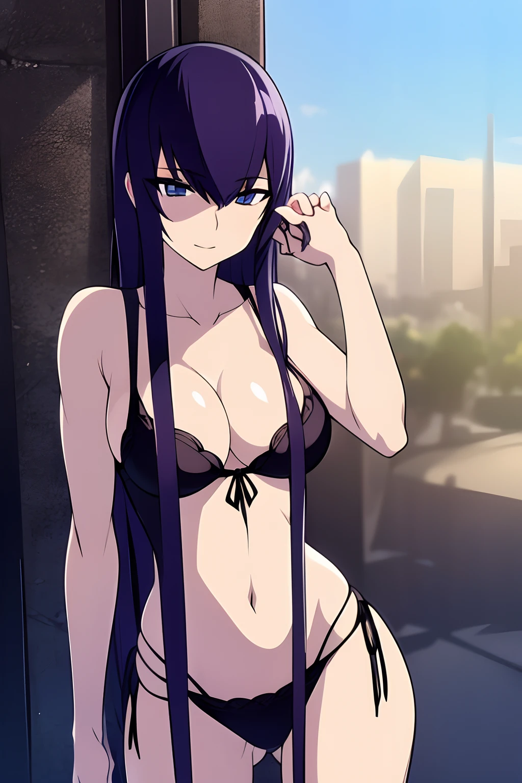 Saeko Busujima, Saeko Busujima cantando, una hermosa mujer sosteniendo un microfono y cantando, mujer cantando, vestimenta negra, ropa negra, blusa negra, camisa negra, con estampado del logo de Linkin Park, pantalon negro, tacones negros de cuero, Linkin Park, fondo azul, sobre un escenario, luces azules