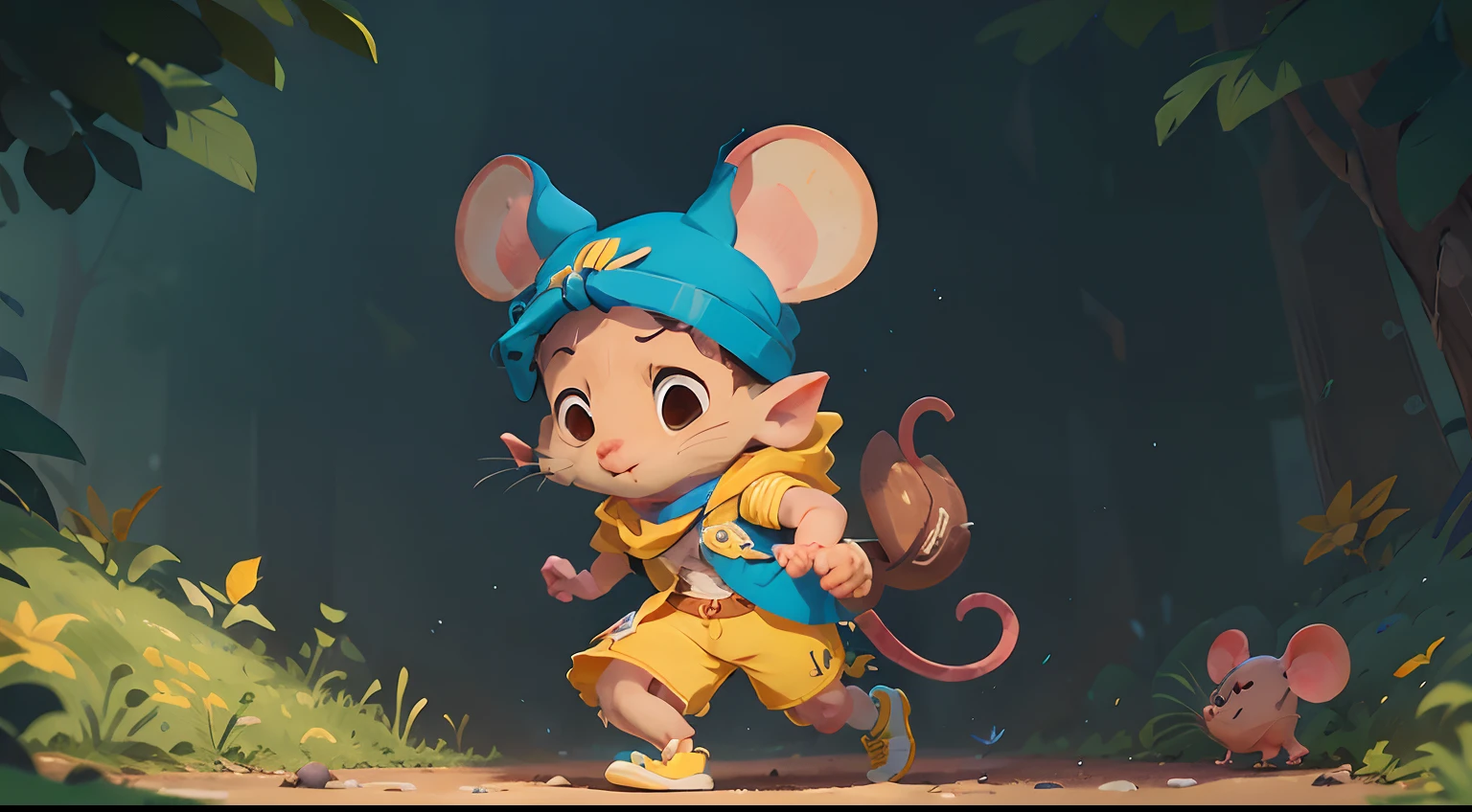 piece of master, (((The Pimpão Mouse))), Wearing a small yellow and blue scarf around her neck, Seus olhos expressivos e determinados. Correndo com velocidade, mostrando sua agilidade.